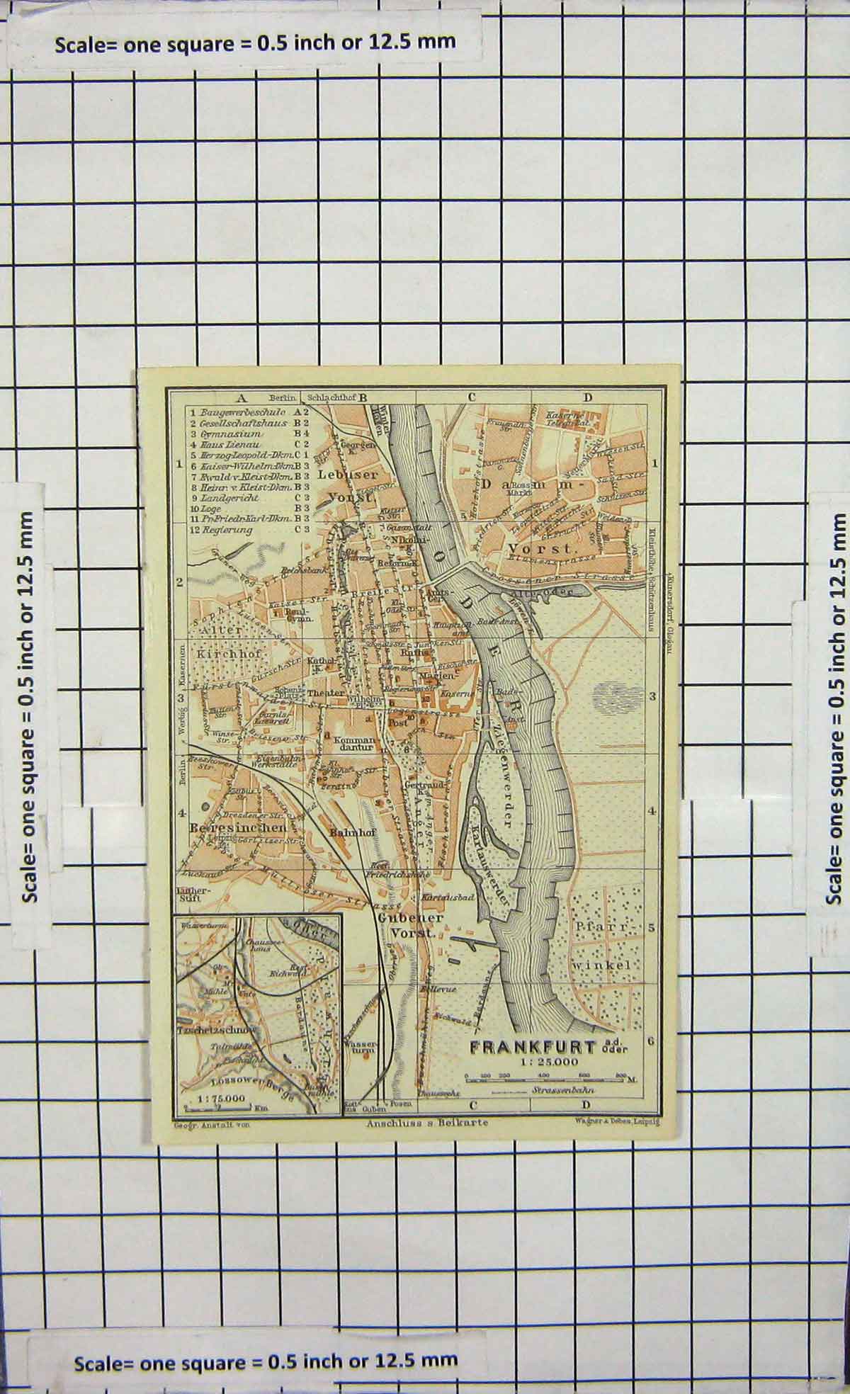 Original Old Antique Print Map Germany Street Plan Liegnitz Frankfurt Oder