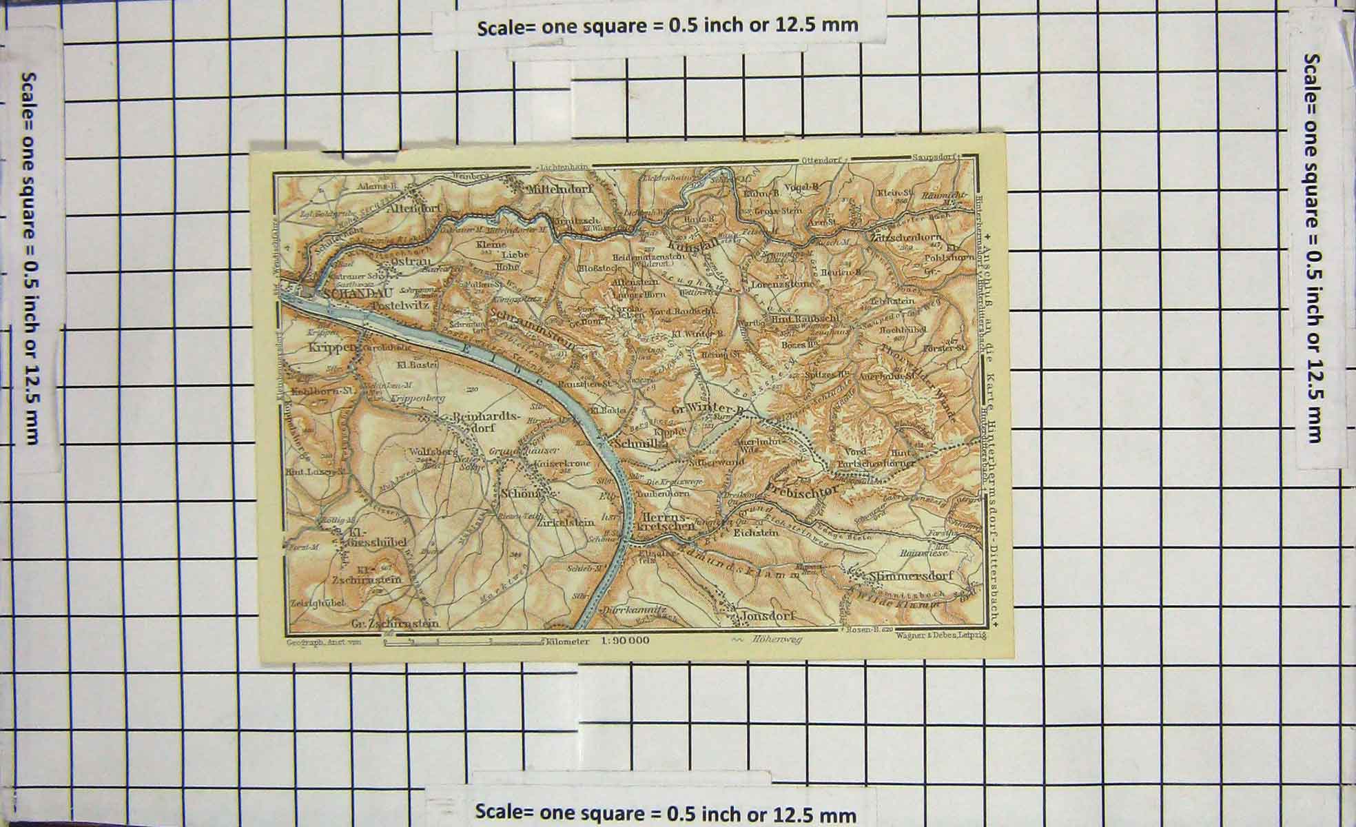Original Old Antique Print Map Germany Schandau Dittersbach