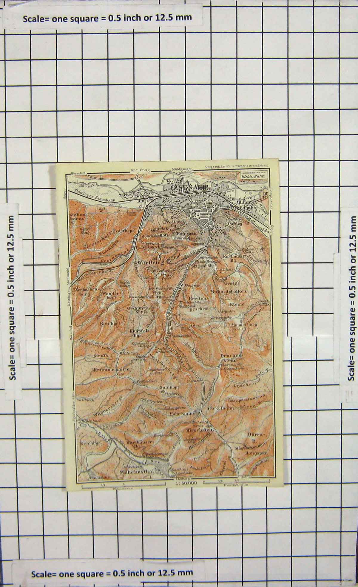 Original Old Antique Print Map Germany Street Plan Wartburg Eisenach
