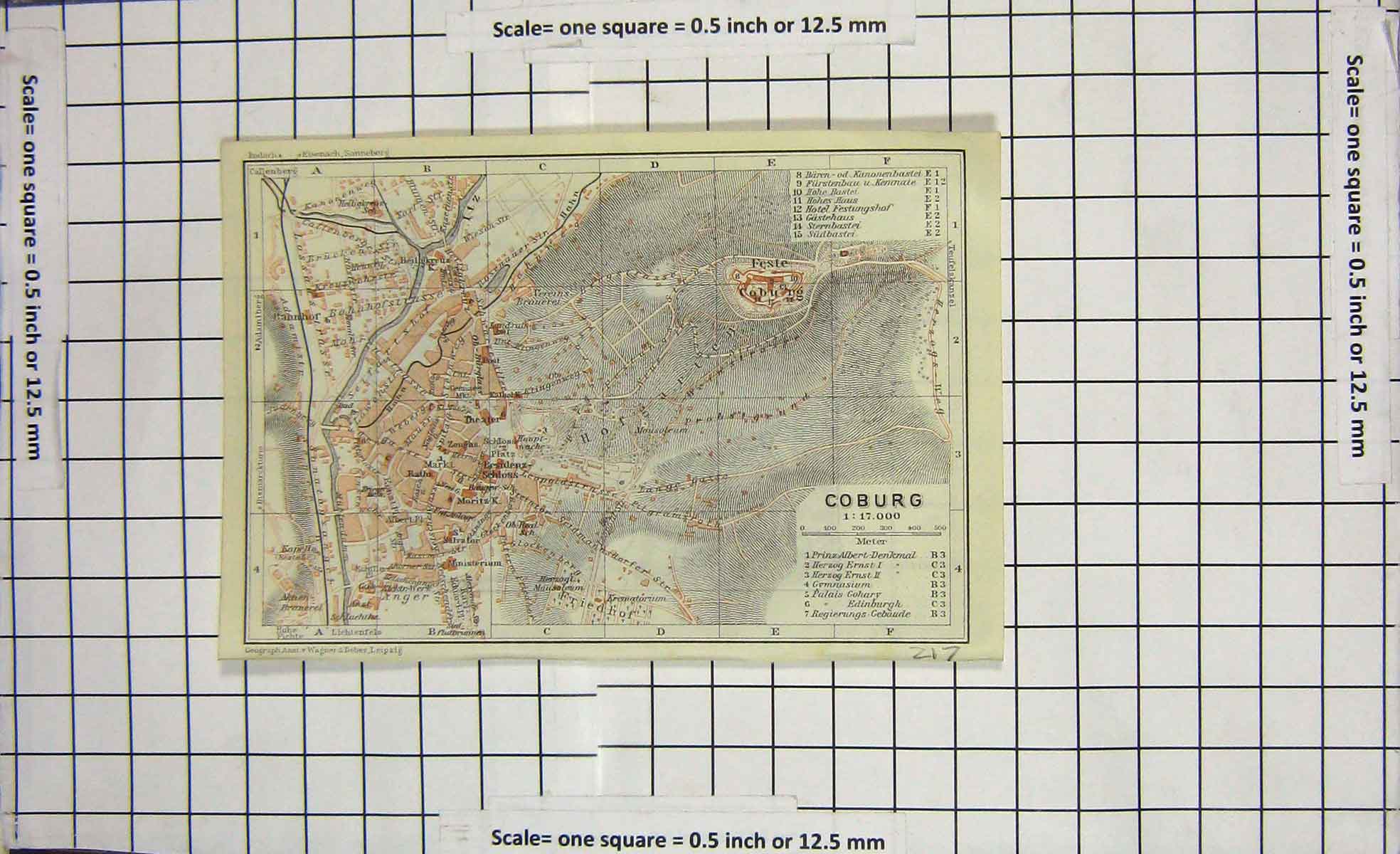 Original Old Antique Print Map Germany Street Plan Coburg Neuses Feste