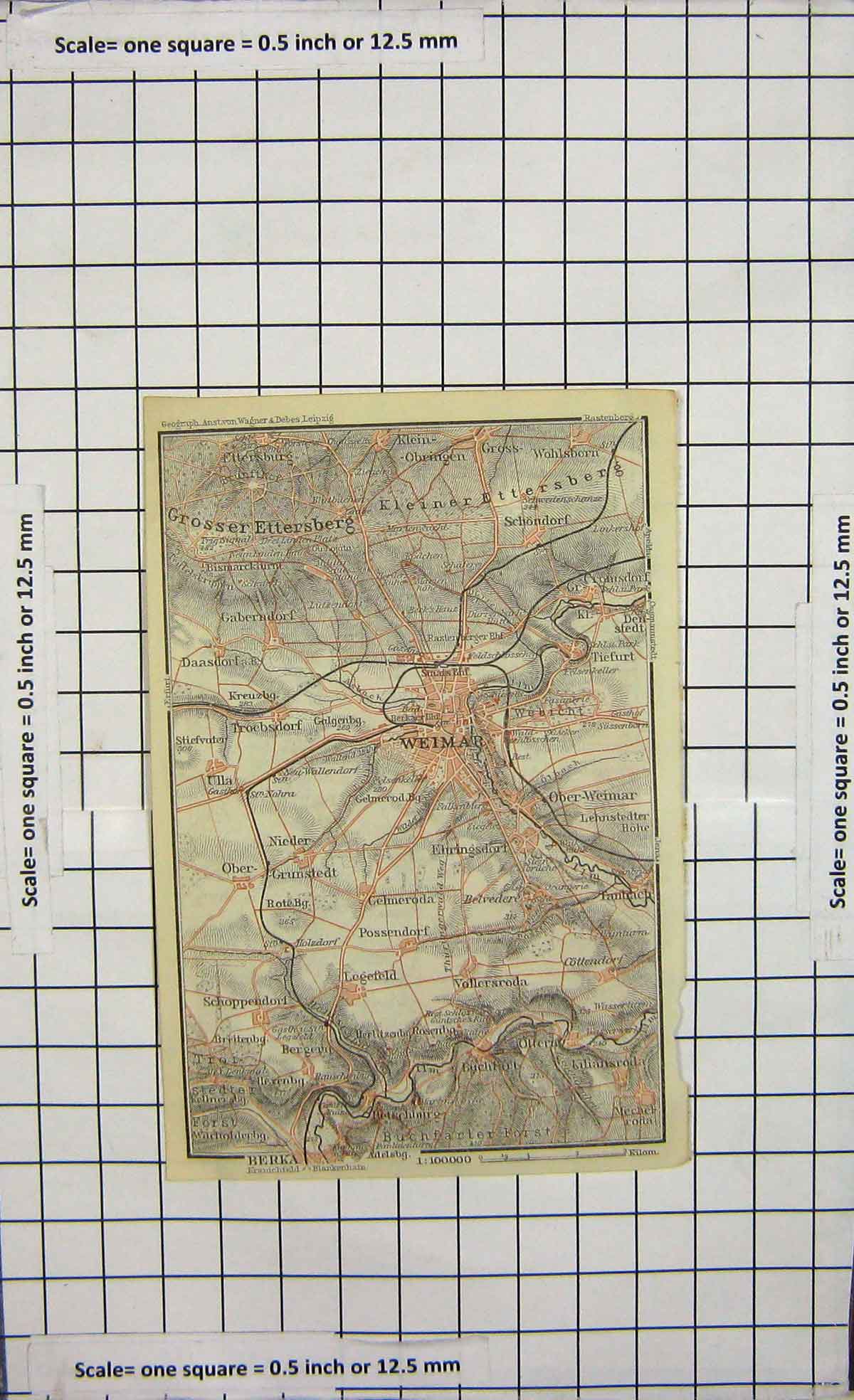 Original Old Antique Print Map Germany Plan Weimar Grosser Ettersberg