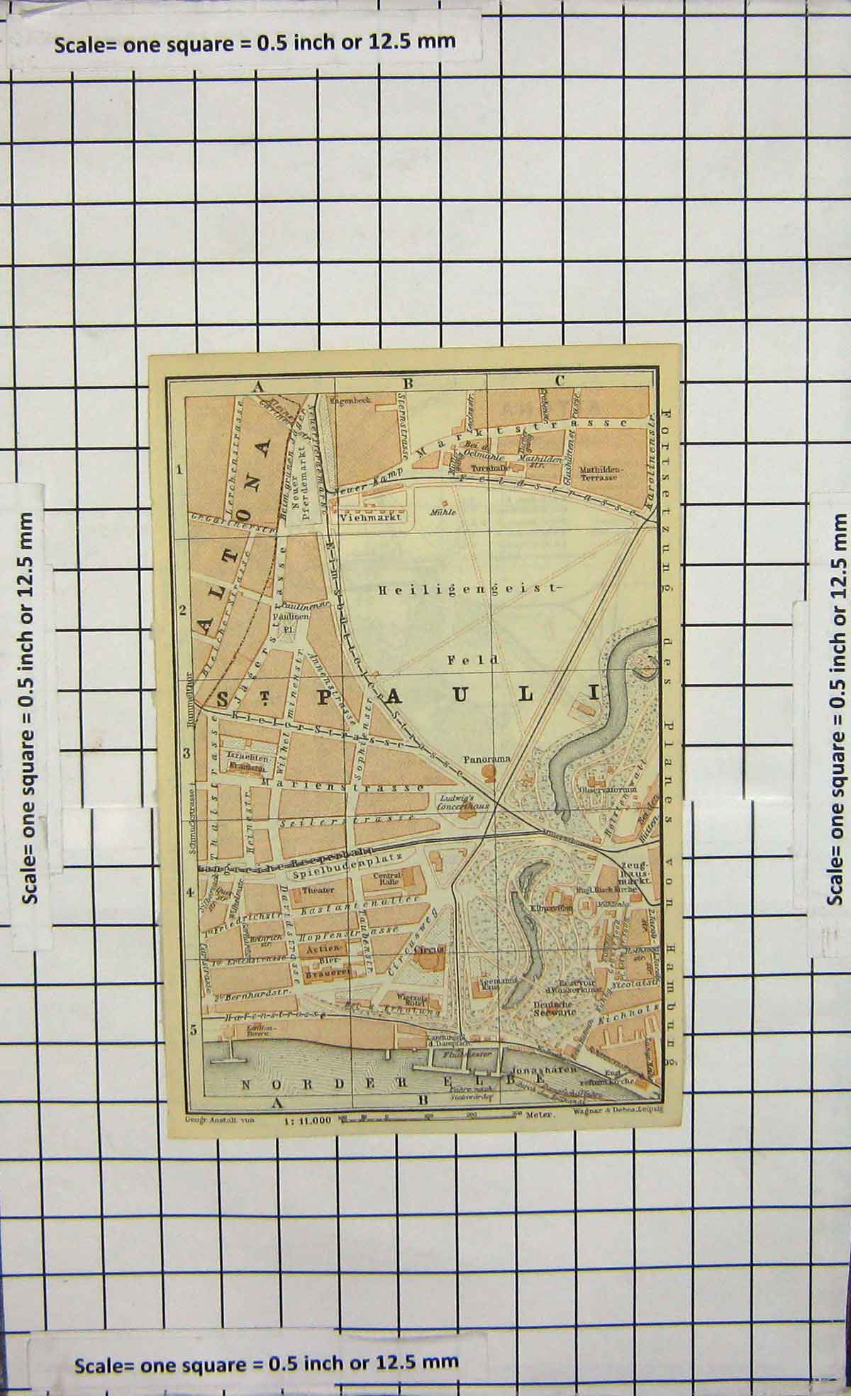 Original Old Antique Print Map Germany Street Plan Altona St. Paul Elbe