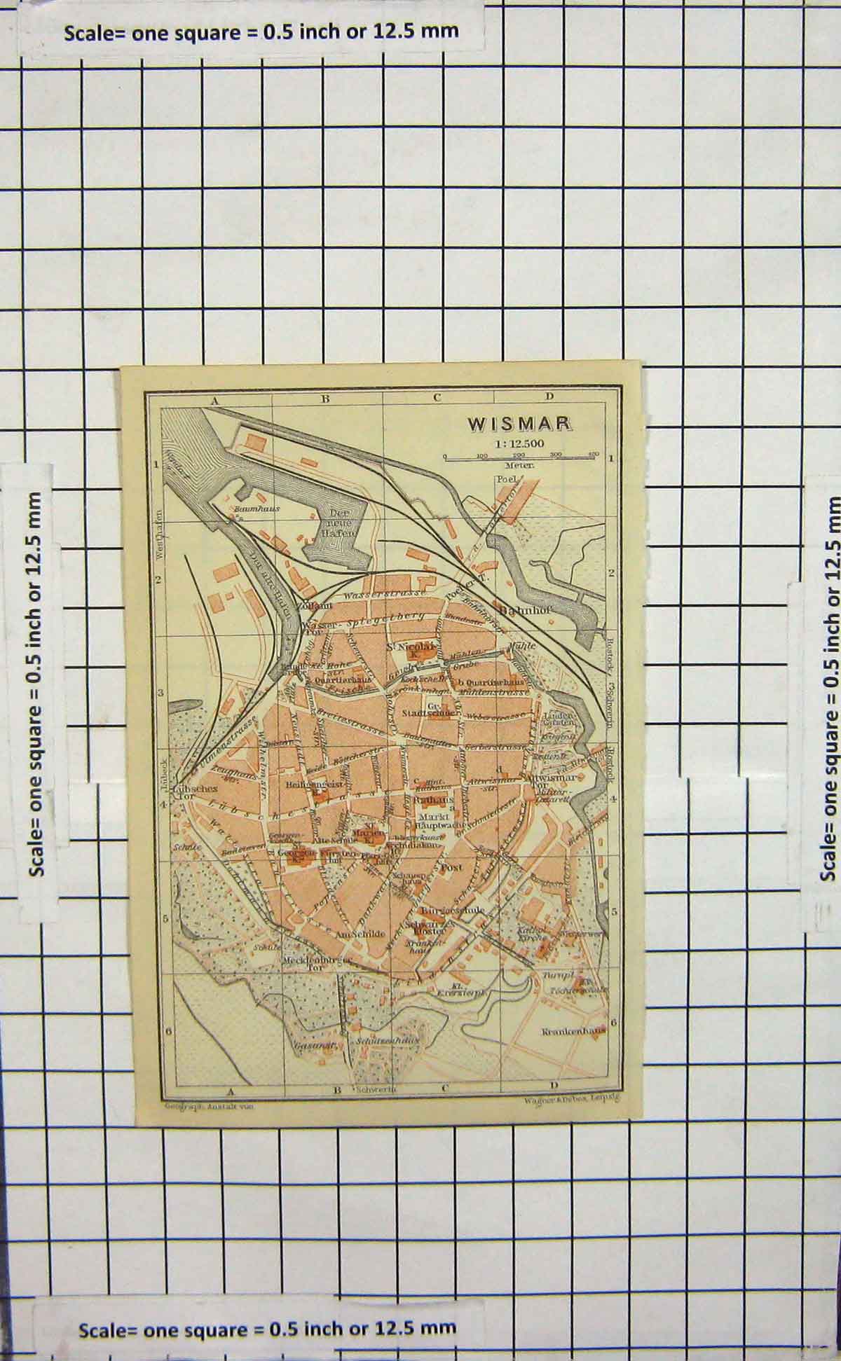 Original Old Antique Print Map Germany Street Plan Wismar Bahnh