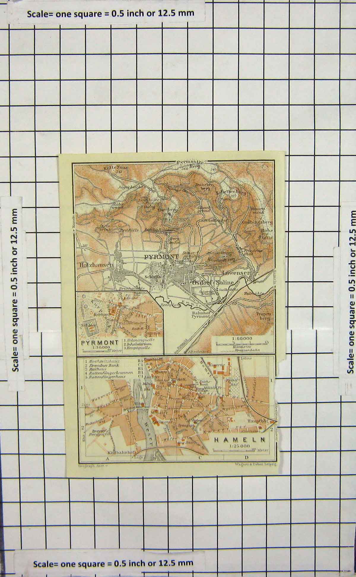 Original Old Antique Print Map Germany Street Plan Hameln Pyrmont Osdorf
