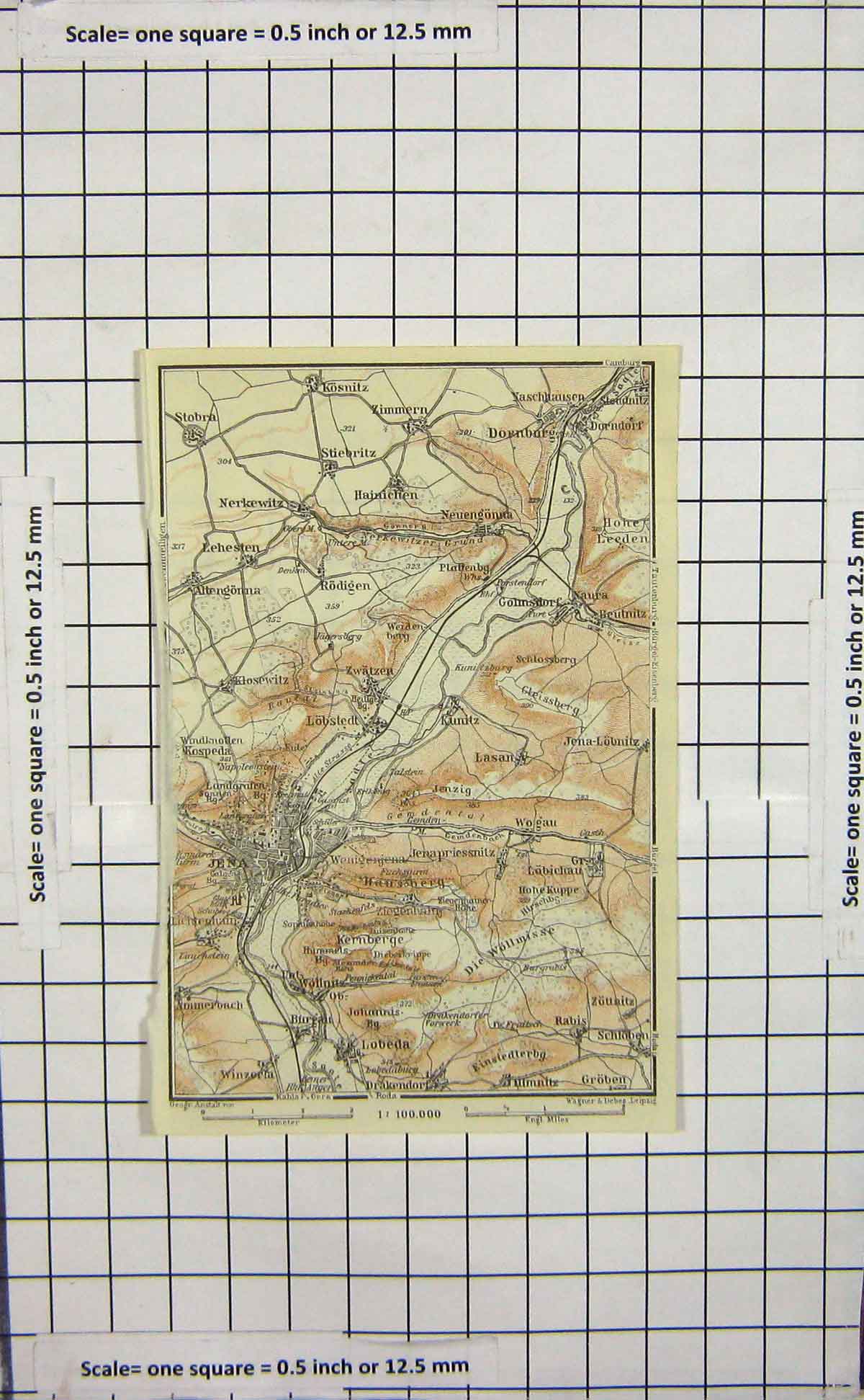 Original Old Antique Print Map Germany Jena Stobra Zimmern Groben