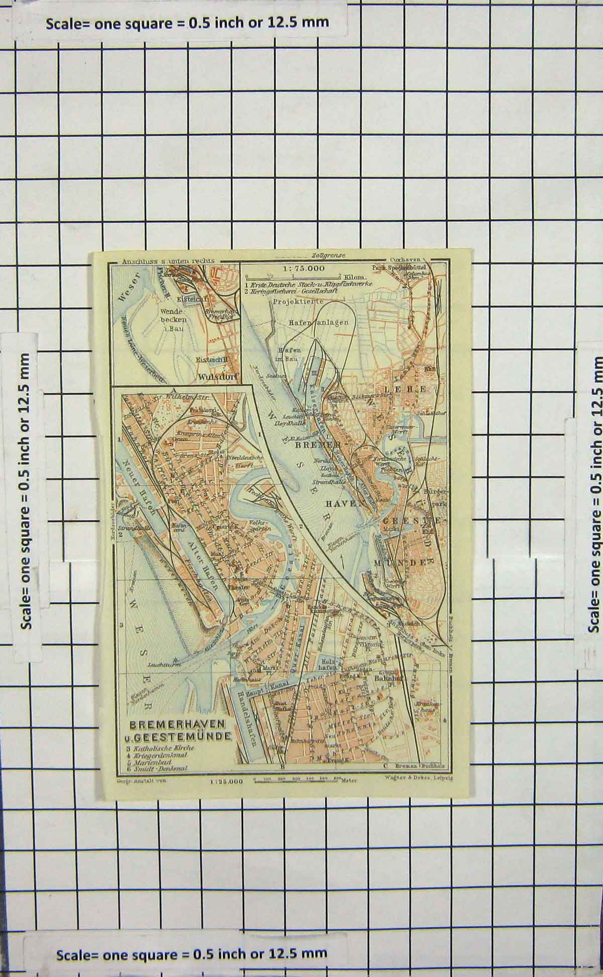 Original Old Antique Print Map Germany Plan Bremerhaven Geestemunde