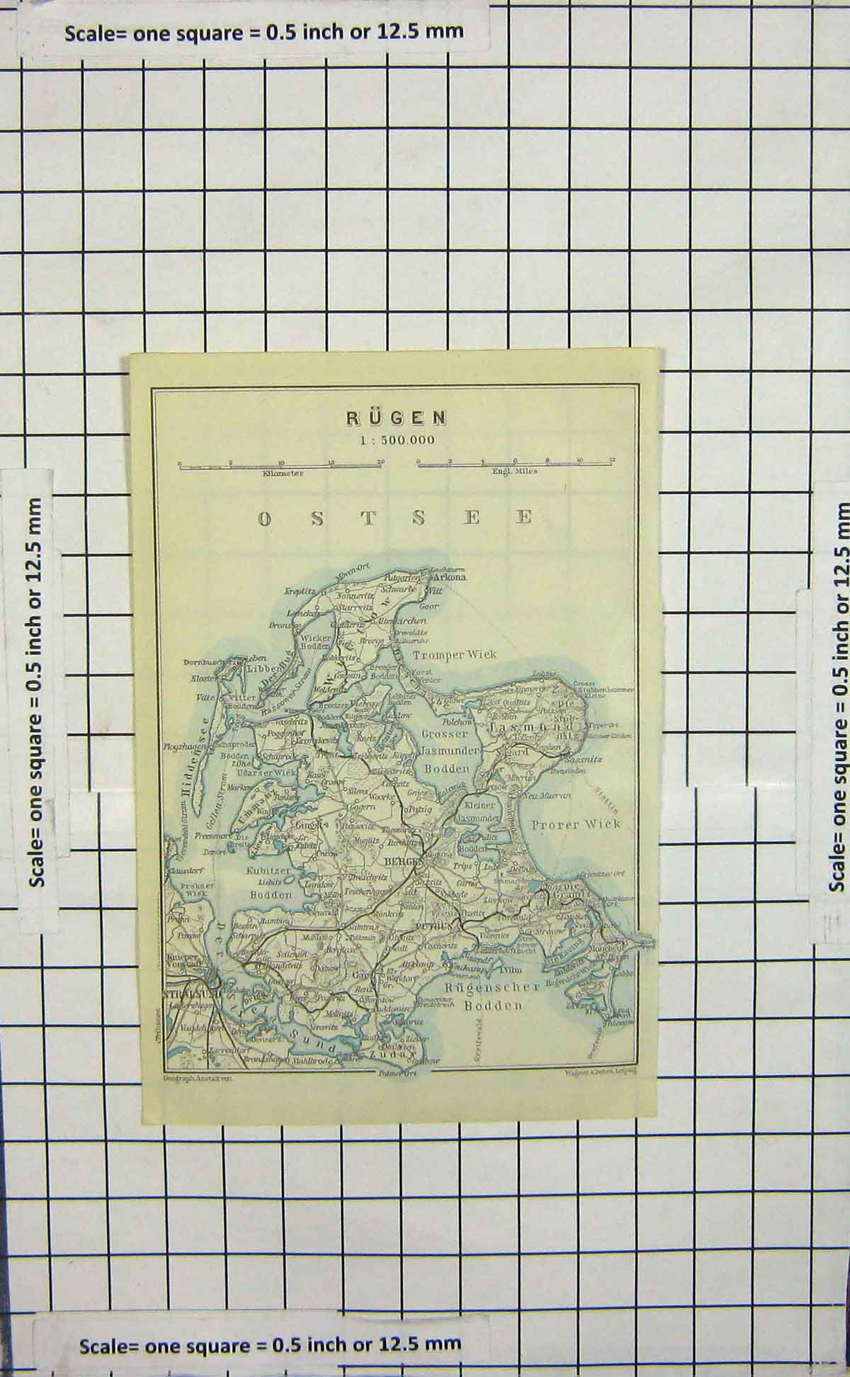 Original Old Antique Print Map Germany Rugen Ostsee Rutbu Stralsund