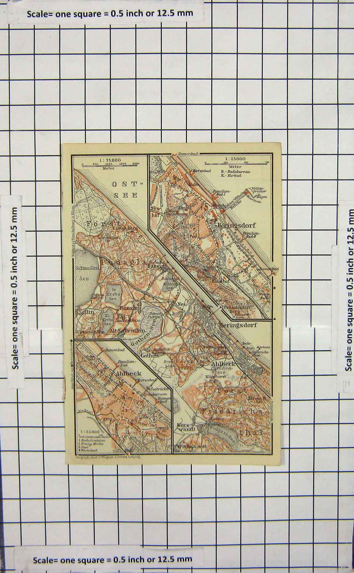 Original Old Antique Print Map Germany Ahlbeck Sellin Heringsdorf Ostee