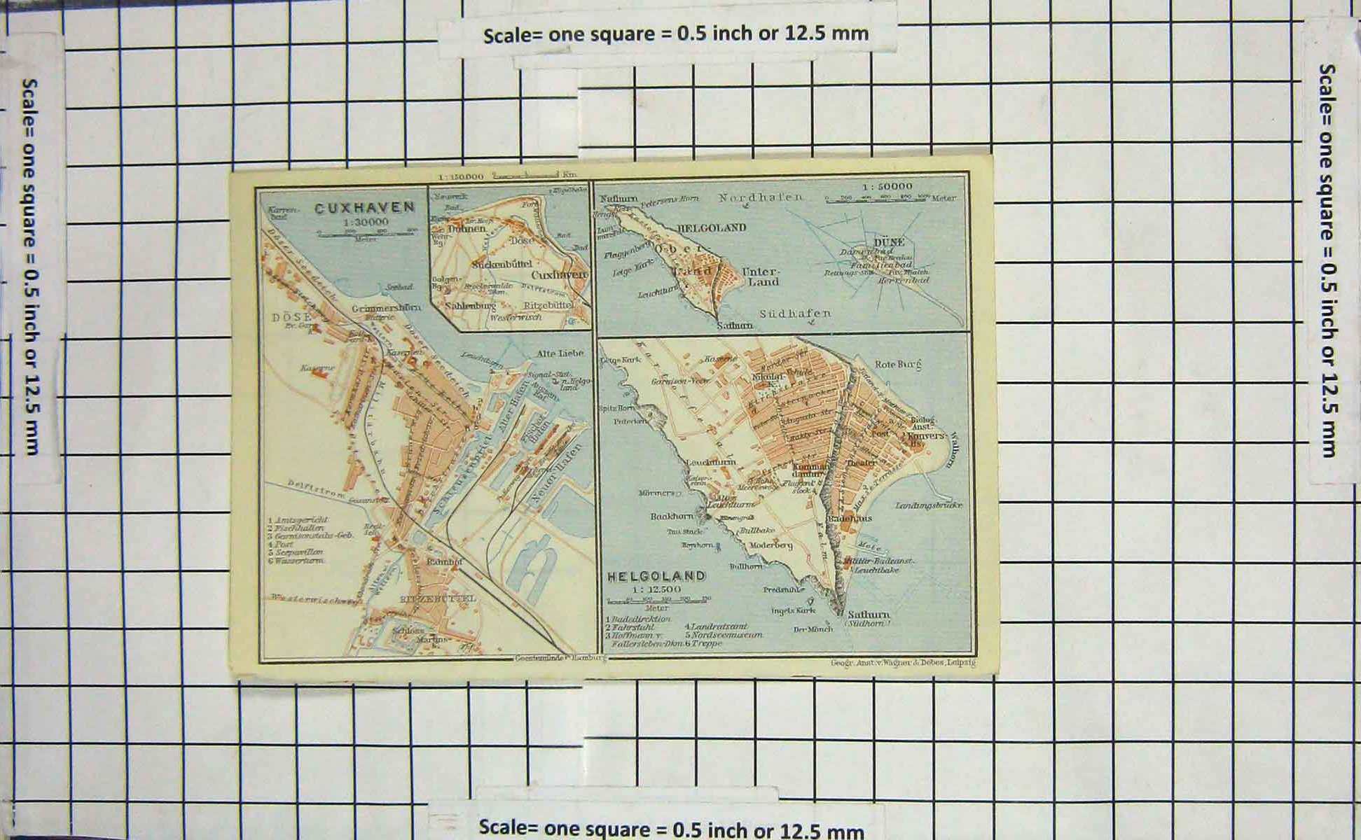 Original Old Antique Print Map Germany Street Plan Cuxhaven Helgoland Dune