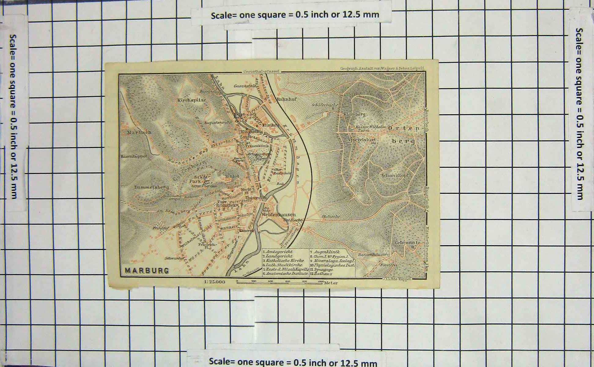Original Old Antique Print Map Germany Street Plan Marburg Ortenberg