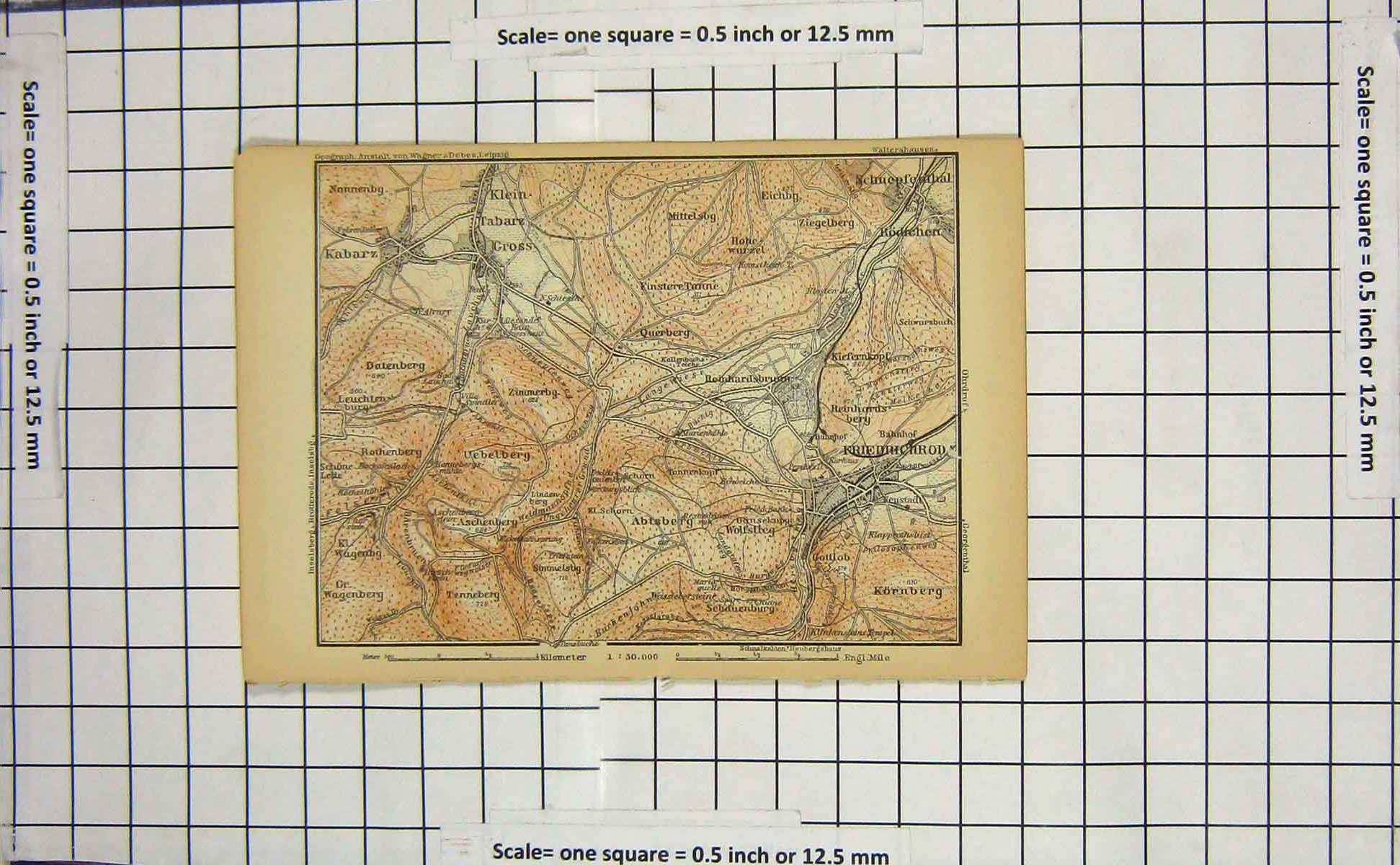 Original Old Antique Print Map Germany Friedrichrod Kornberg Kabarz