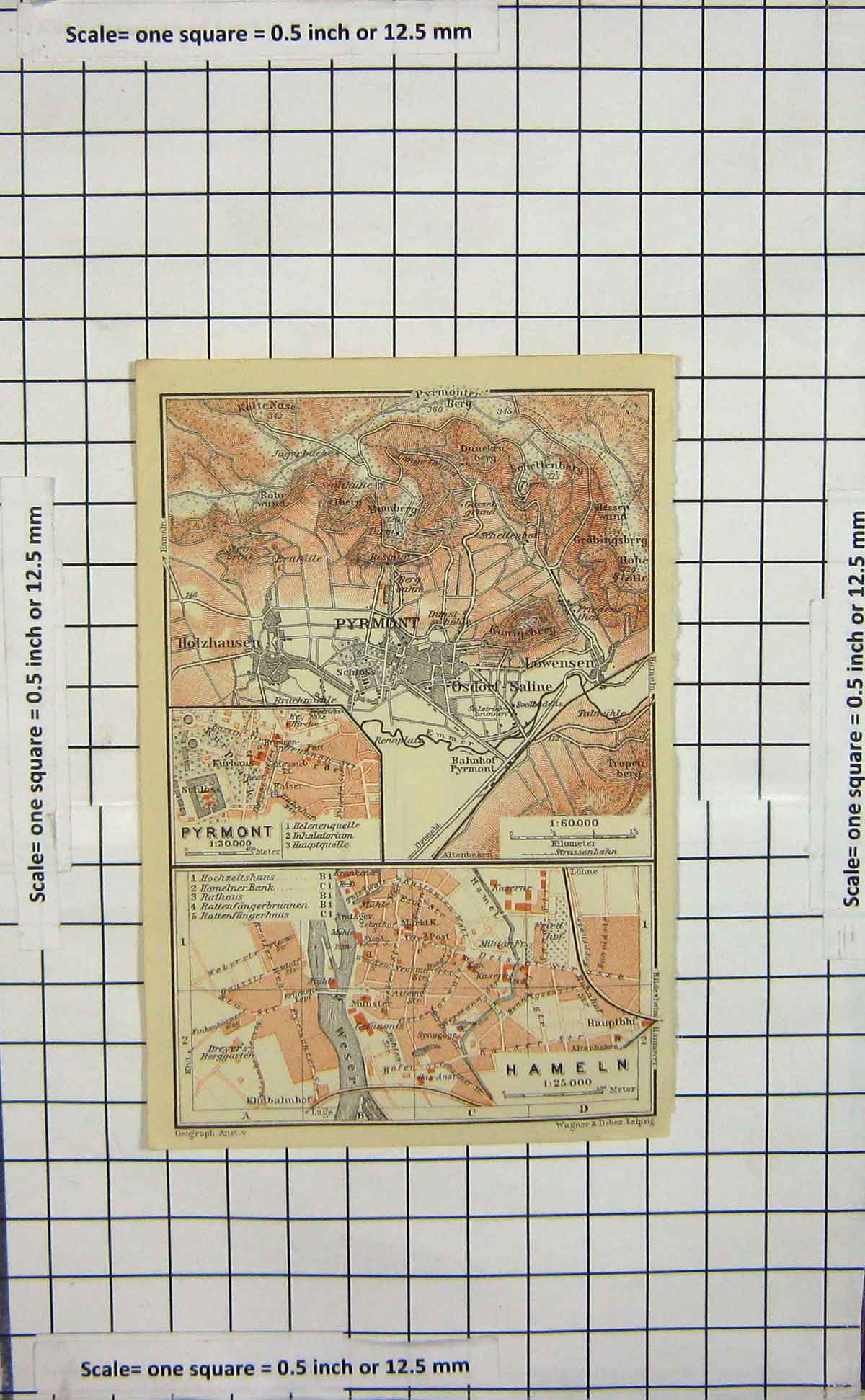 Original Old Antique Print Map Germany Street Plan Pyrmont Hameln Lowensen