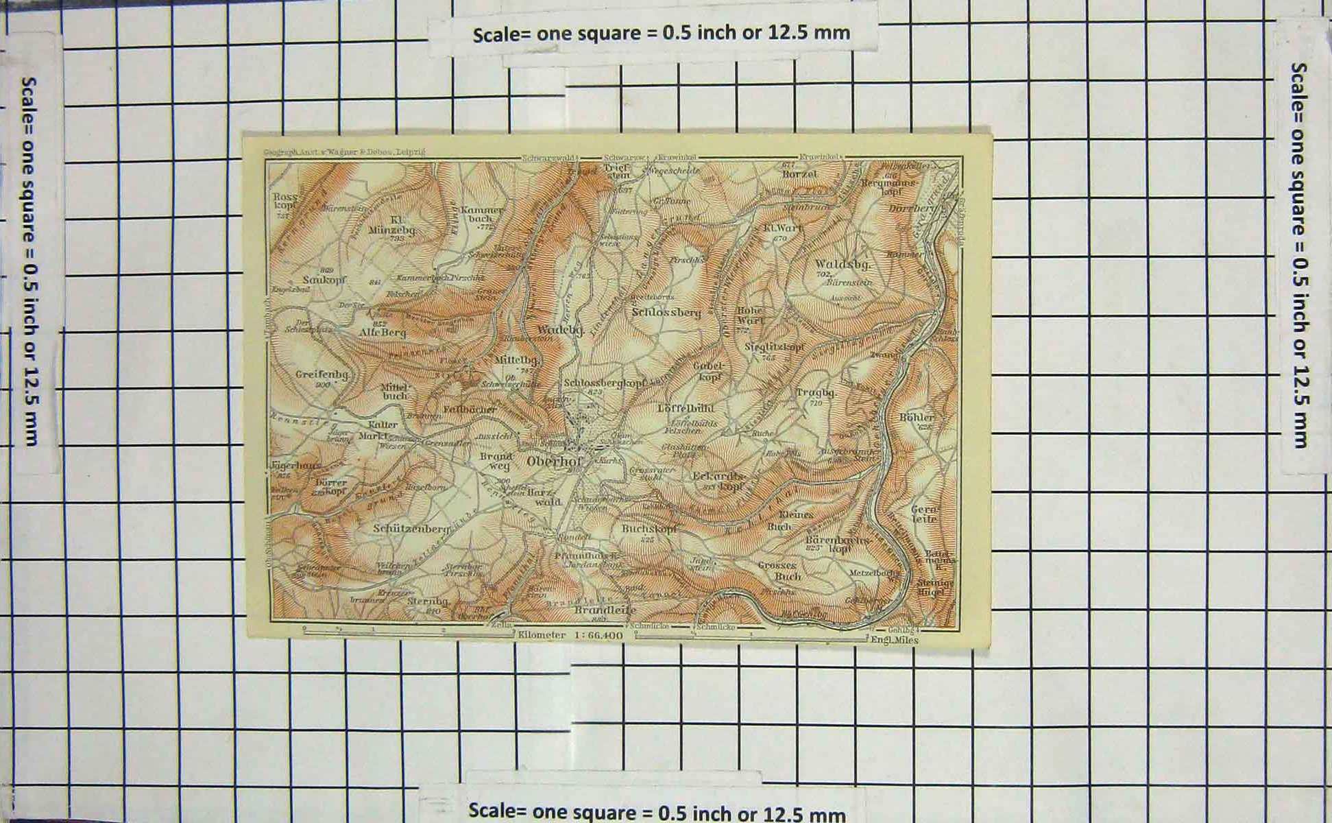 Original Old Antique Print Map Germany OberhWaldsbg Mountains