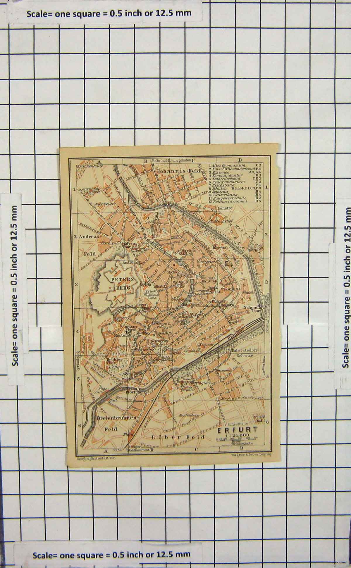 Original Old Antique Print Map Germany Street Plan Erfurt Petersberg