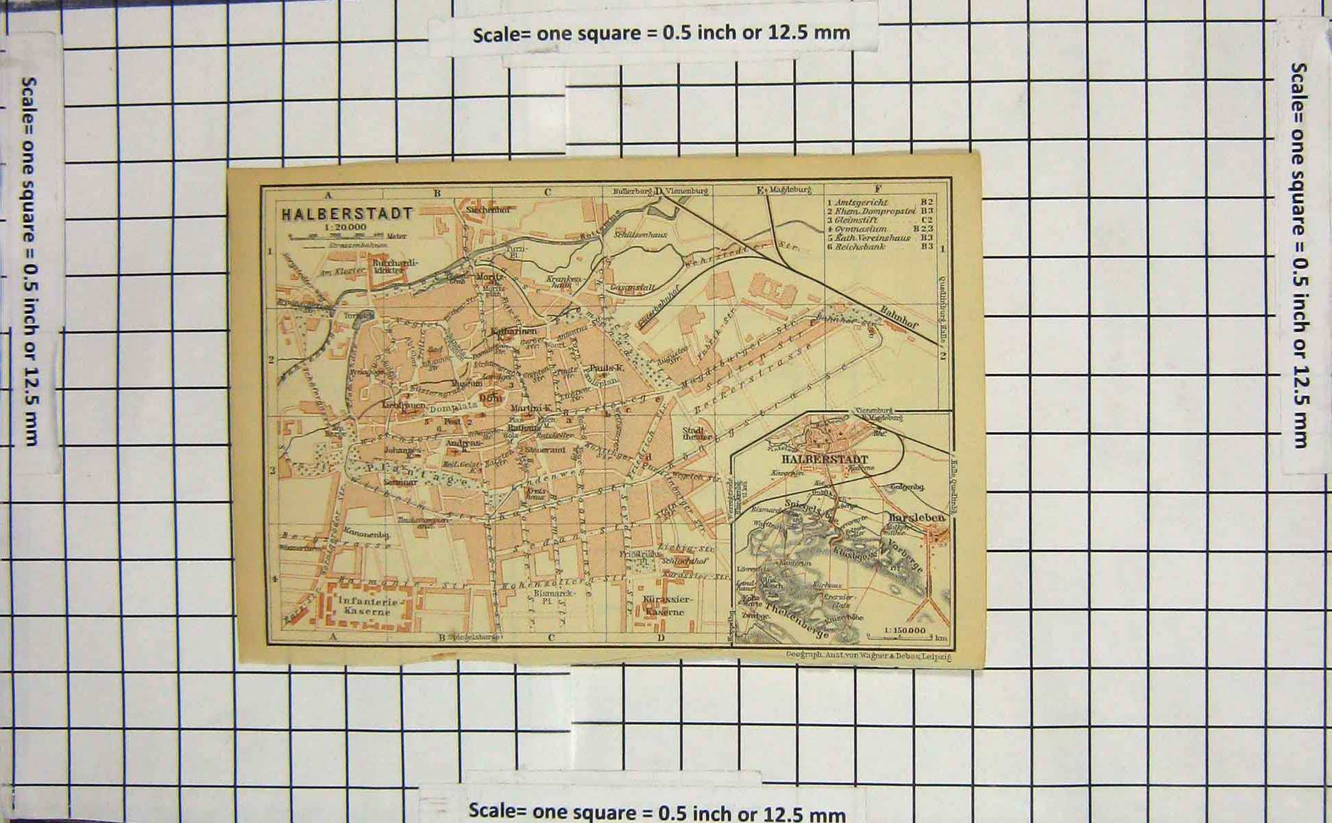 Original Old Antique Print Map Germany Street Plan Halberstadt Harsleben