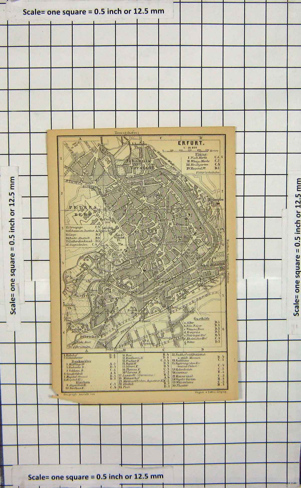 Original Old Antique Print Ref.78 Map Germany Street Plan Erfurt Petersberg