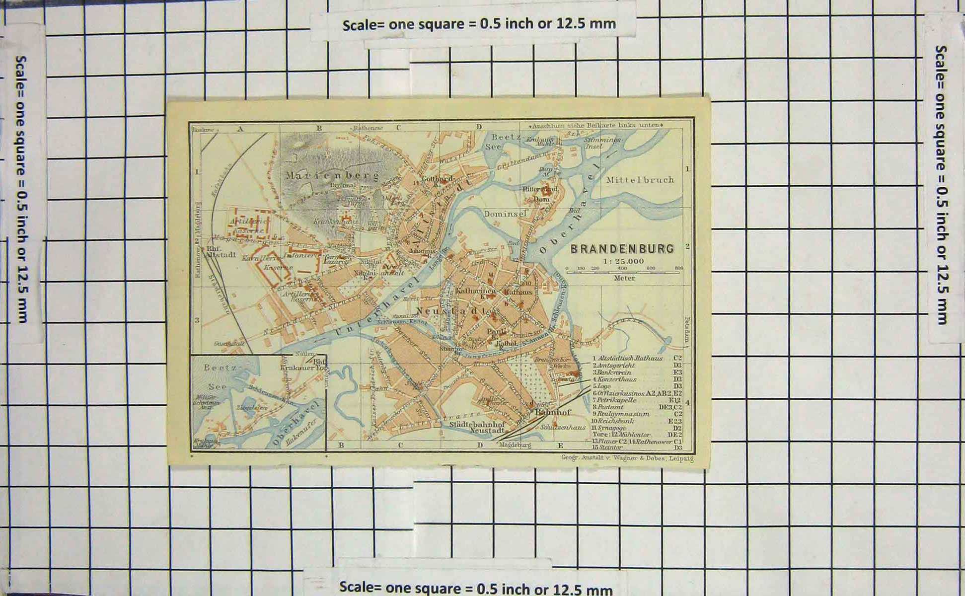 Original Old Antique Print Map Germany Street Plan Brandenburg Marienberg