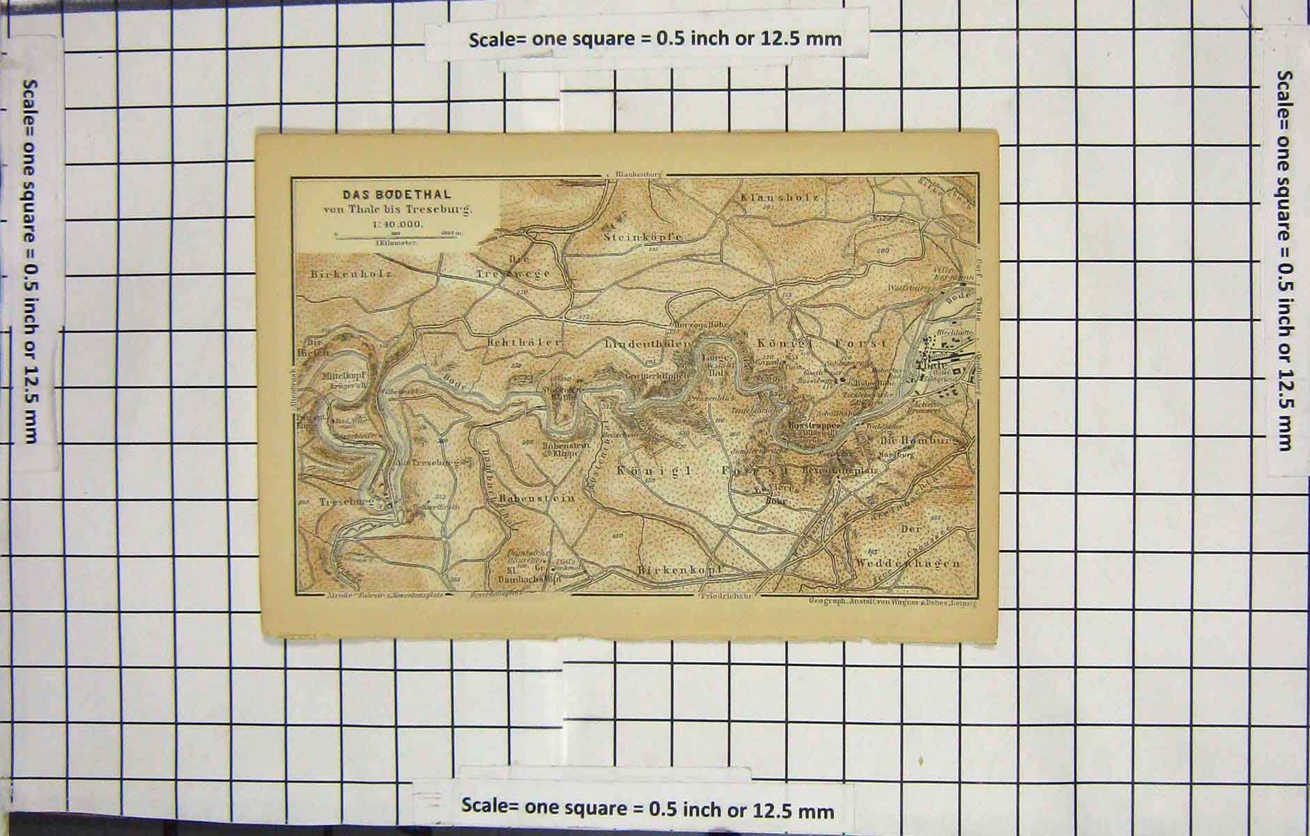 Original Old Antique Print Map Germany Das Bodethal Treseburg Weddewhagen