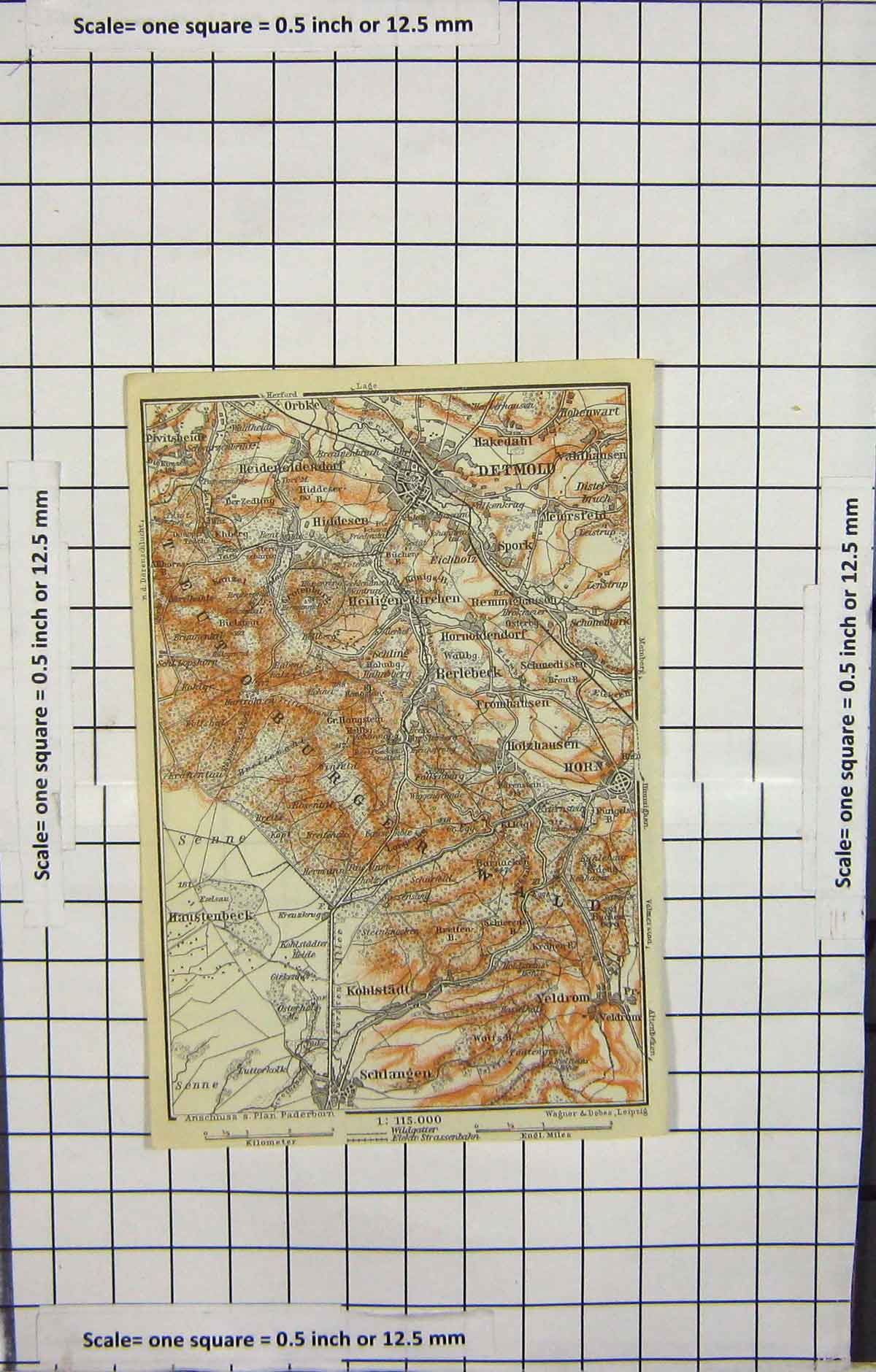 Original Old Antique Print Map Germany DetmHaustenbeck Schlangen