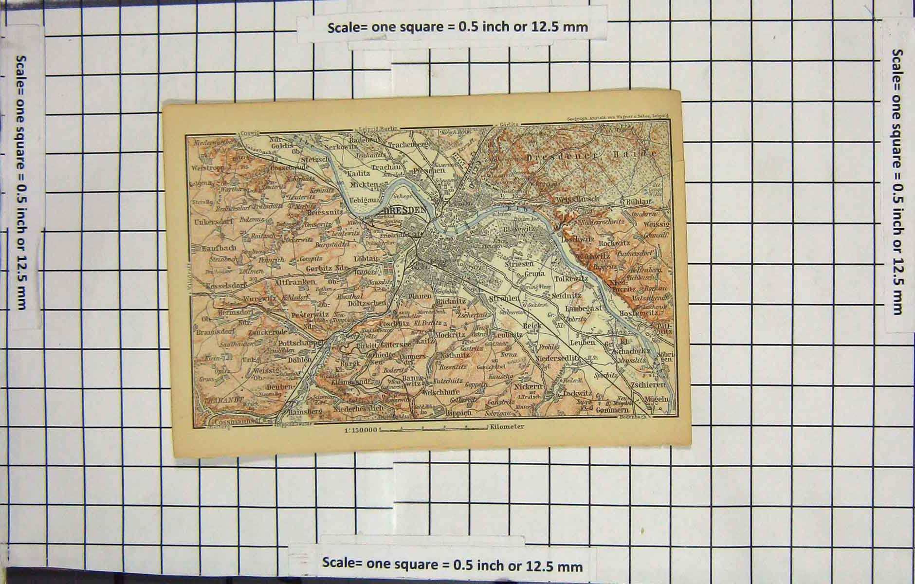 Original Old Antique Print Map Germany Dresden Weistropp Zschieren