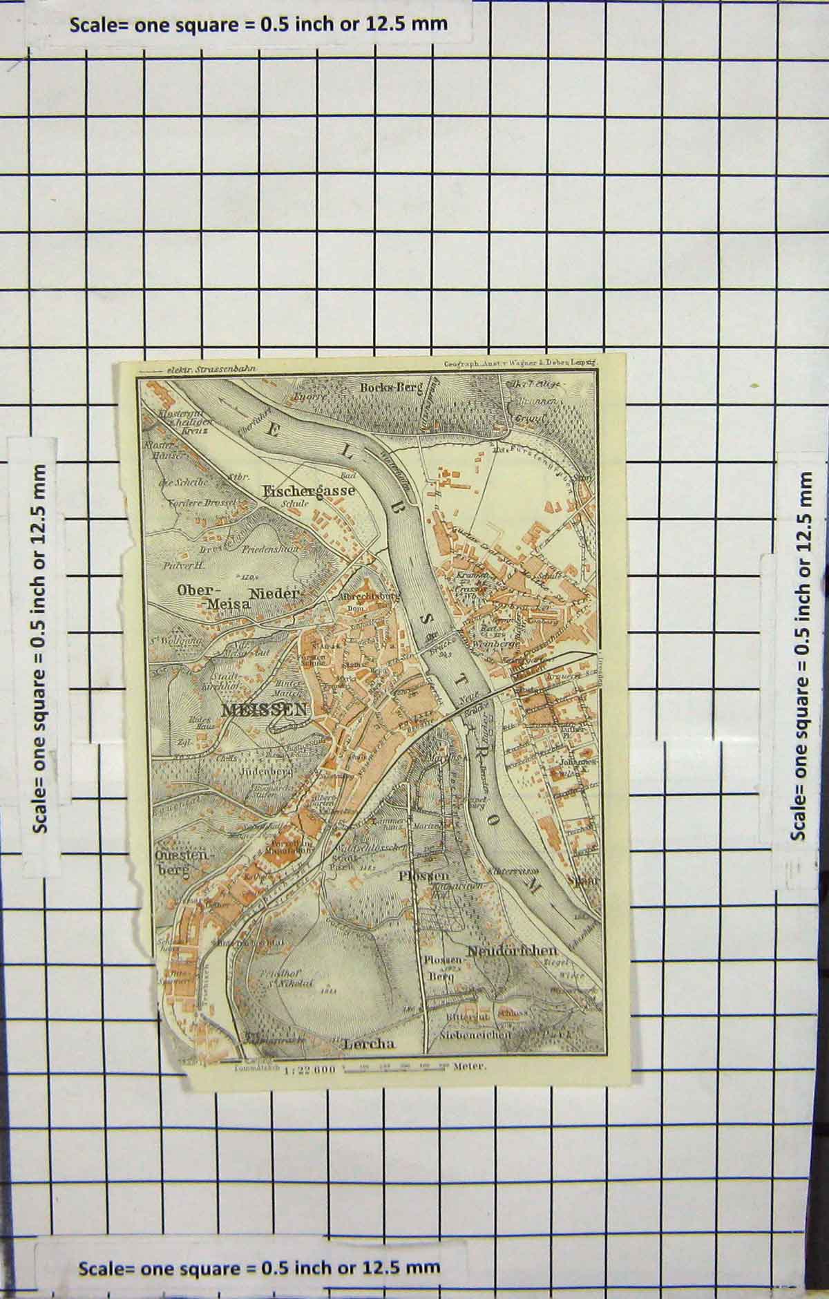 Original Old Antique Print Map Germany Street Plan Meissen Fischergasse