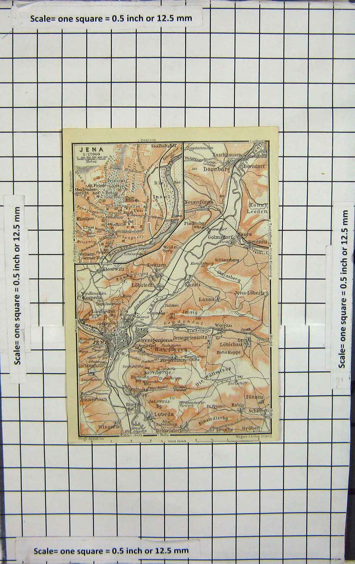 Original Old Antique Print Map Germany Jena Kernberge Dornburg Schloben
