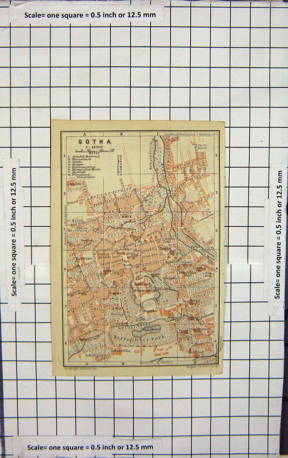 Original Old Antique Print Map Germany Street Plan Gotha Herzoglicher Park