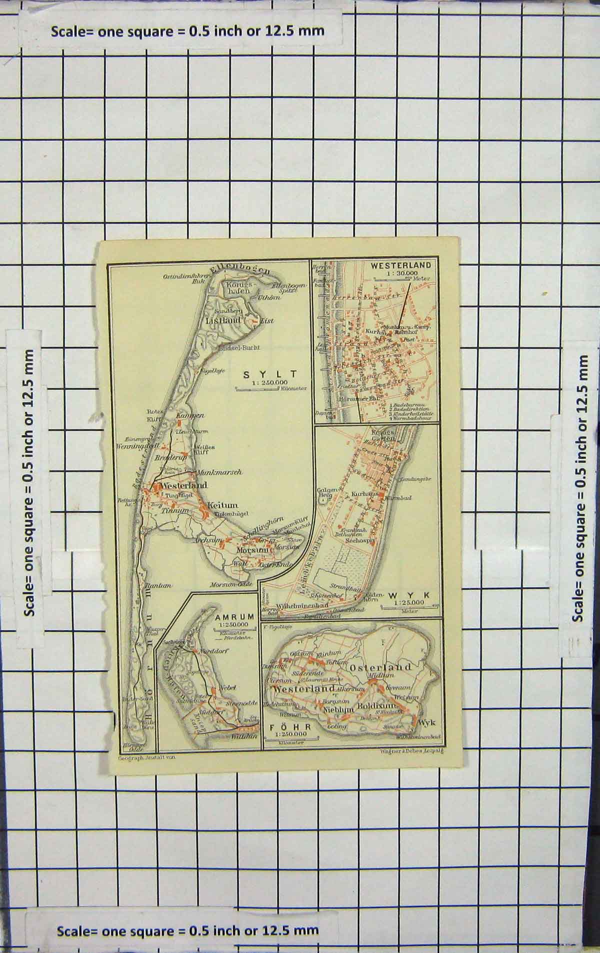 Original Old Antique Print Map Germany Street Plan Westerland Sylt Amrun