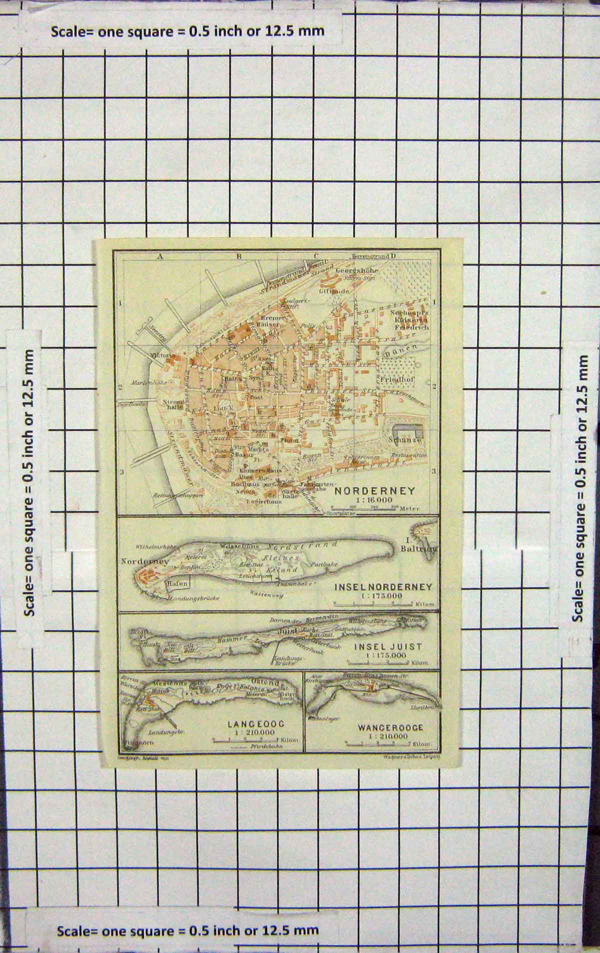 Original Old Antique Print Map Germany Plan Norderney Langeoog Wangerooge