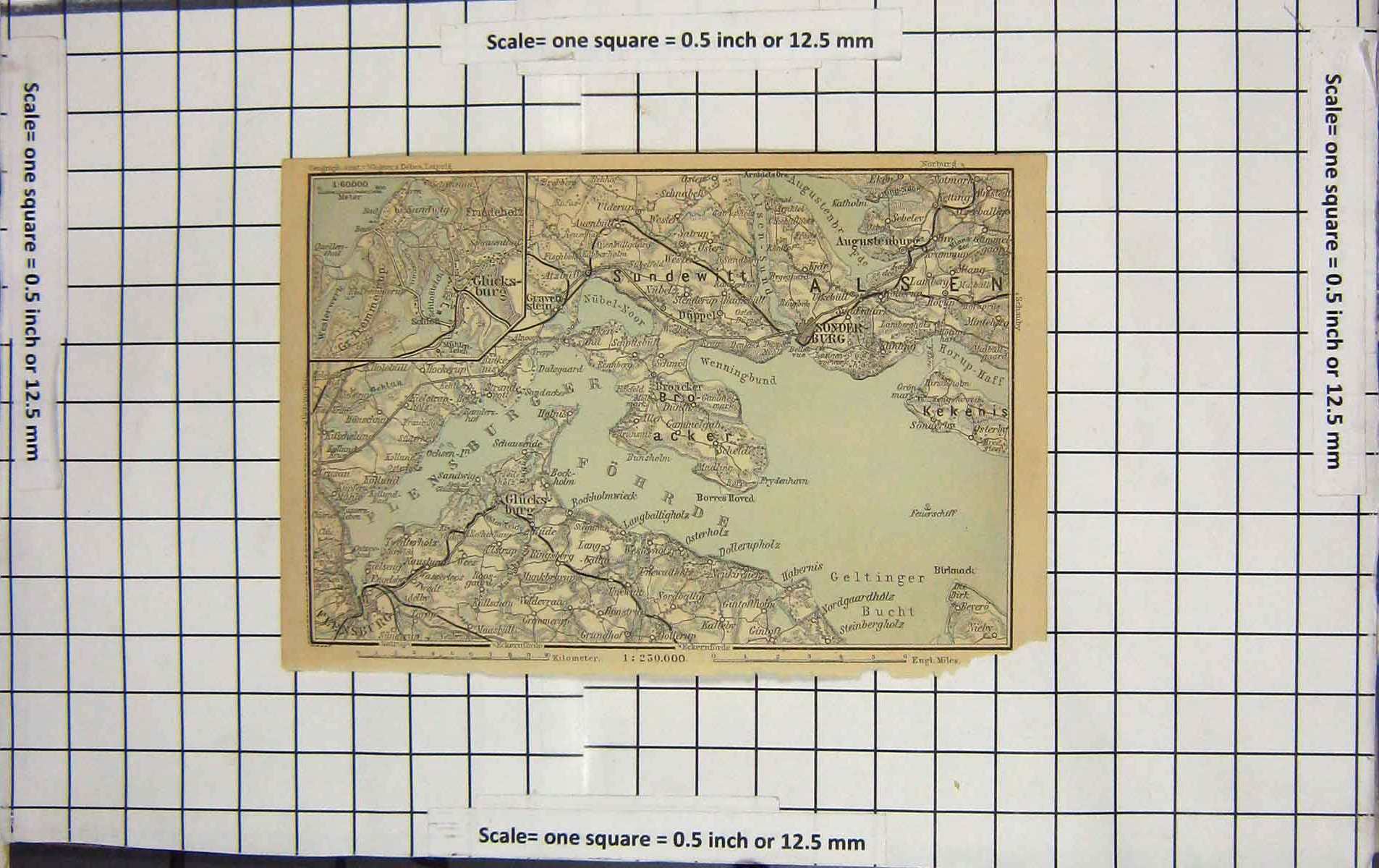 Original Old Antique Print Map Germany Alsen Sonderburg Glucksburg