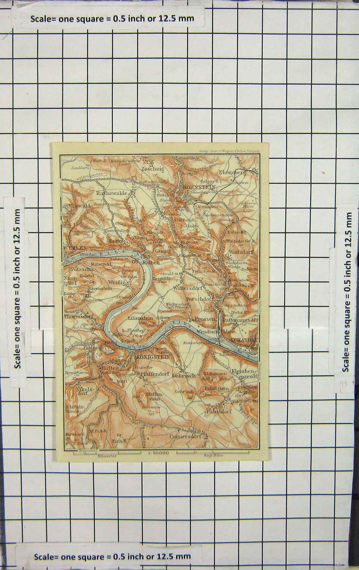 Original Old Antique Print Map Germany Konigstein Hohnstein Ehrenberg