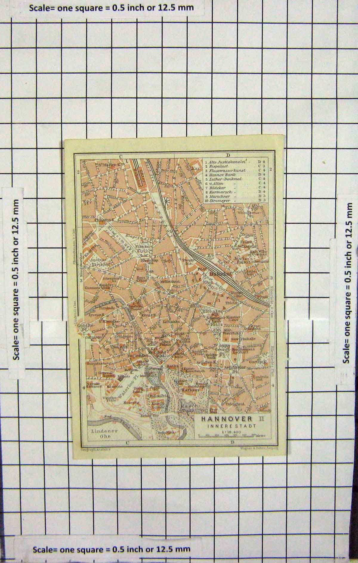 Original Old Antique Print Map Germany Street Plan Hannover Innere Stadt