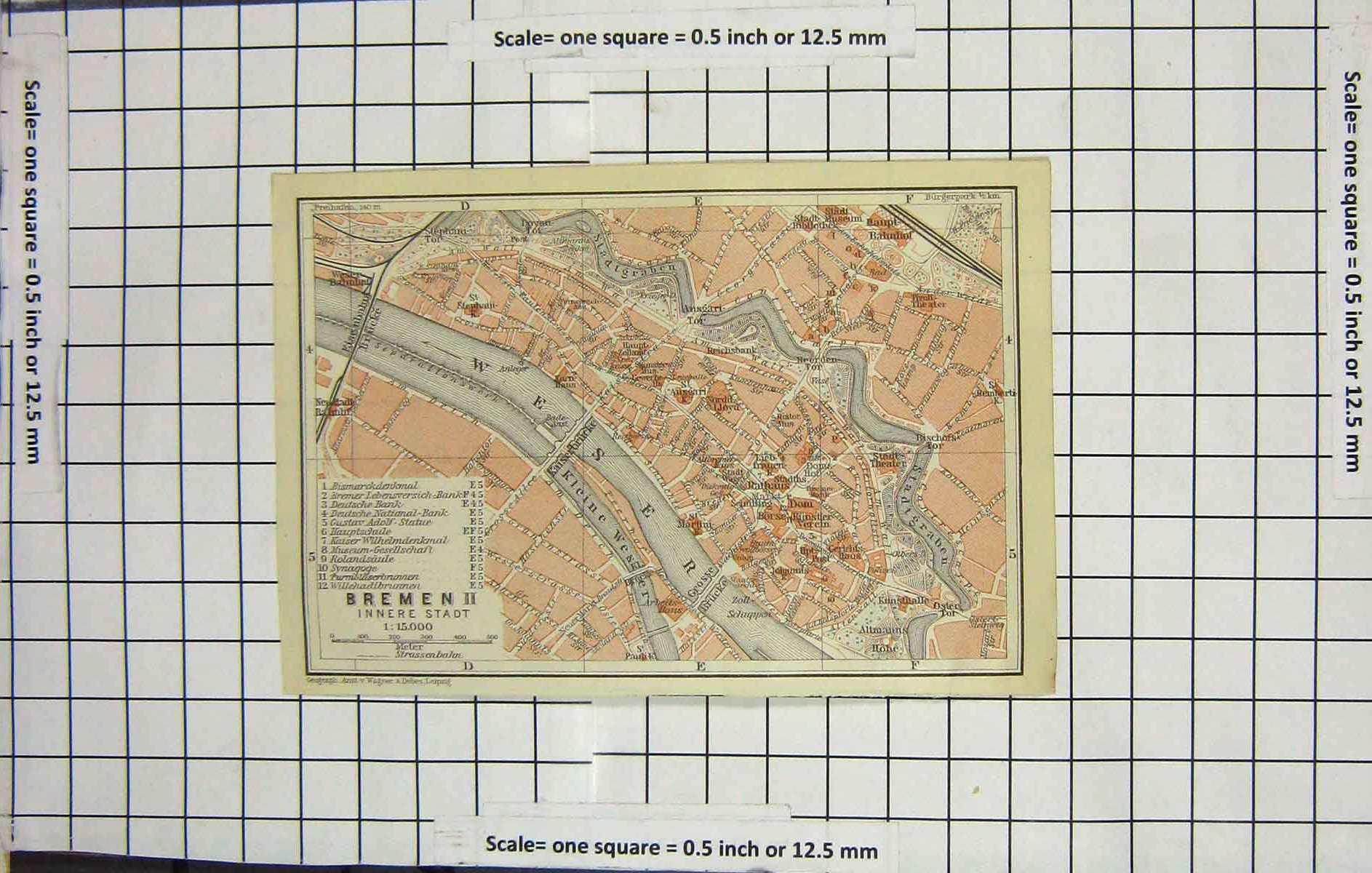 Original Old Antique Print Map Germany Street Plan Bremen Weser River