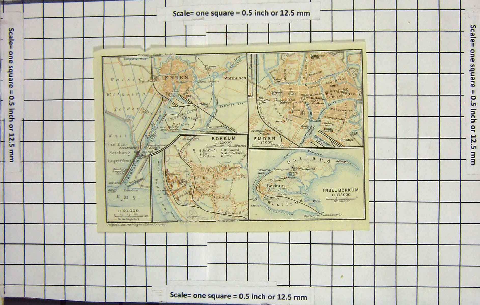 Original Old Antique Print Map Germany Street Plan Emden Insel Borkum