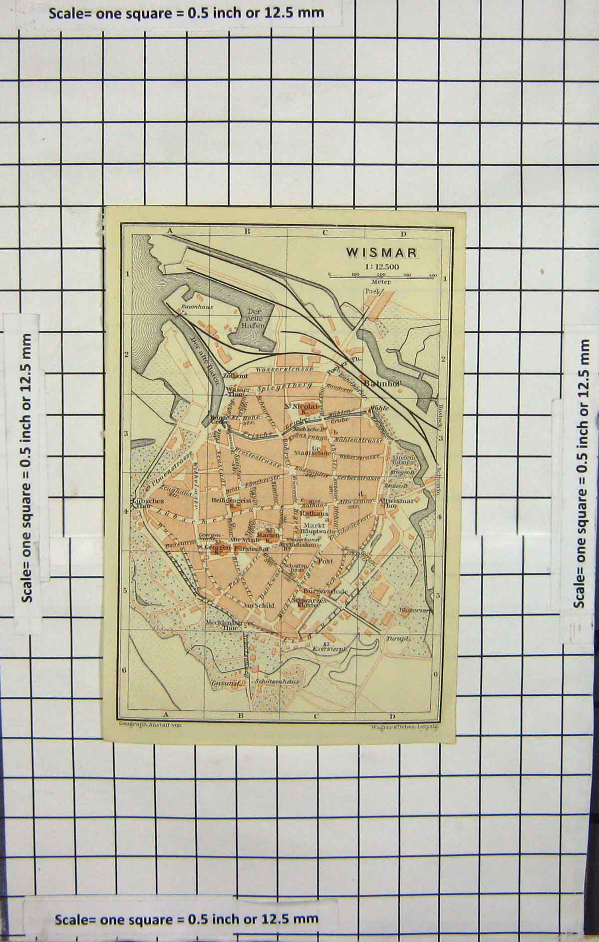 Original Old Antique Print *117 Map Germany Street Plan Wismar Bahnh