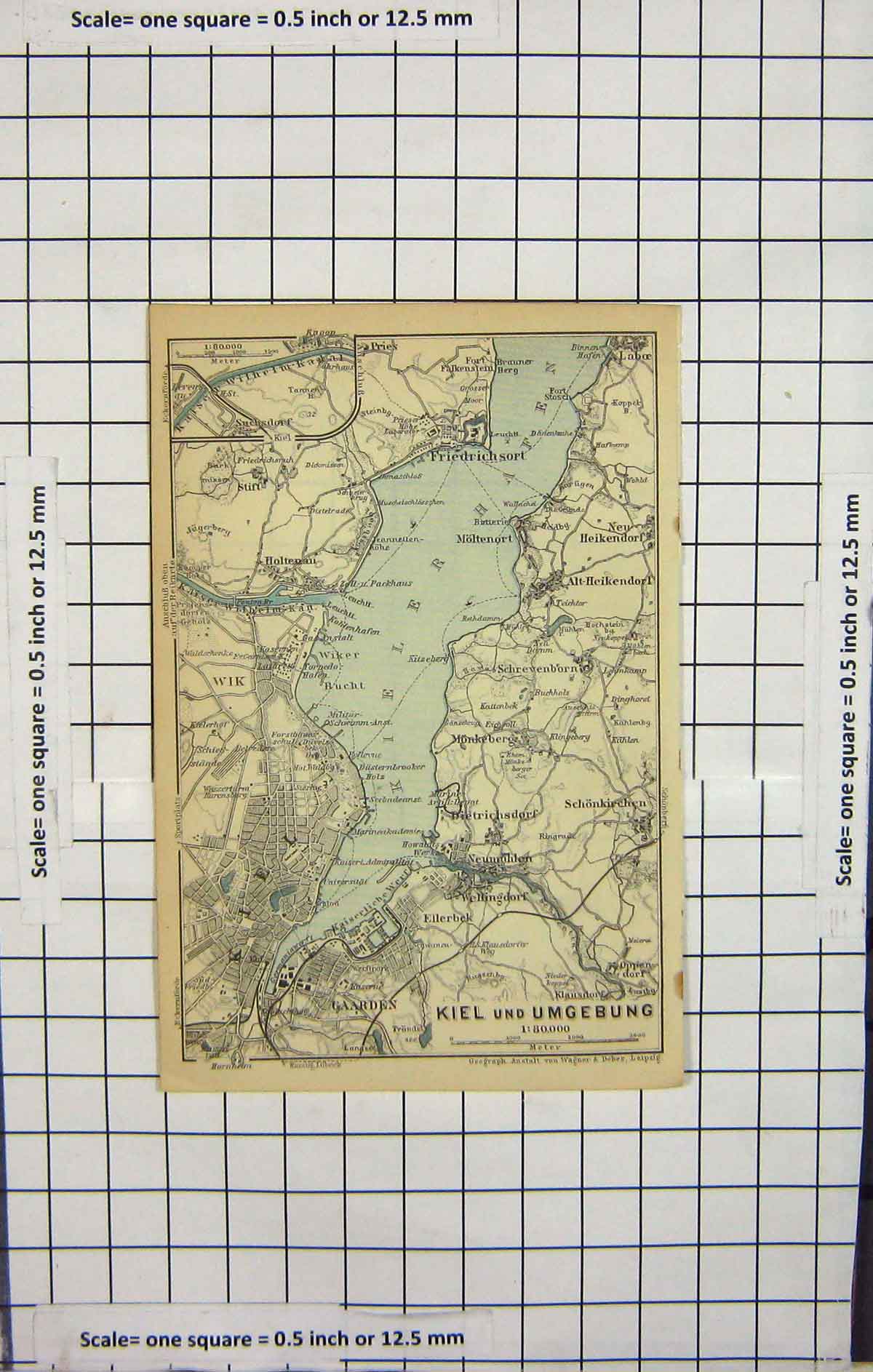 Original Old Antique Print *118 Map Germany Kiel Umgebung Friedrichsort Wik