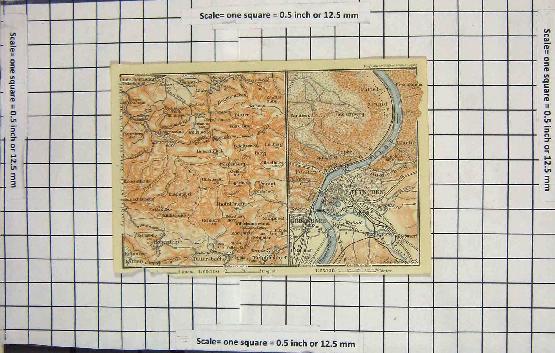 Original Old Antique Print Map Germany Bodenbach Tetschen Elbe River