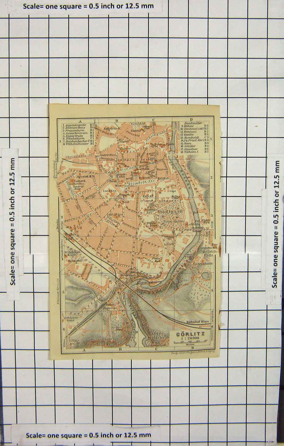 Original Old Antique Print Map Germany Street Plan Gorlitz Nelsse River
