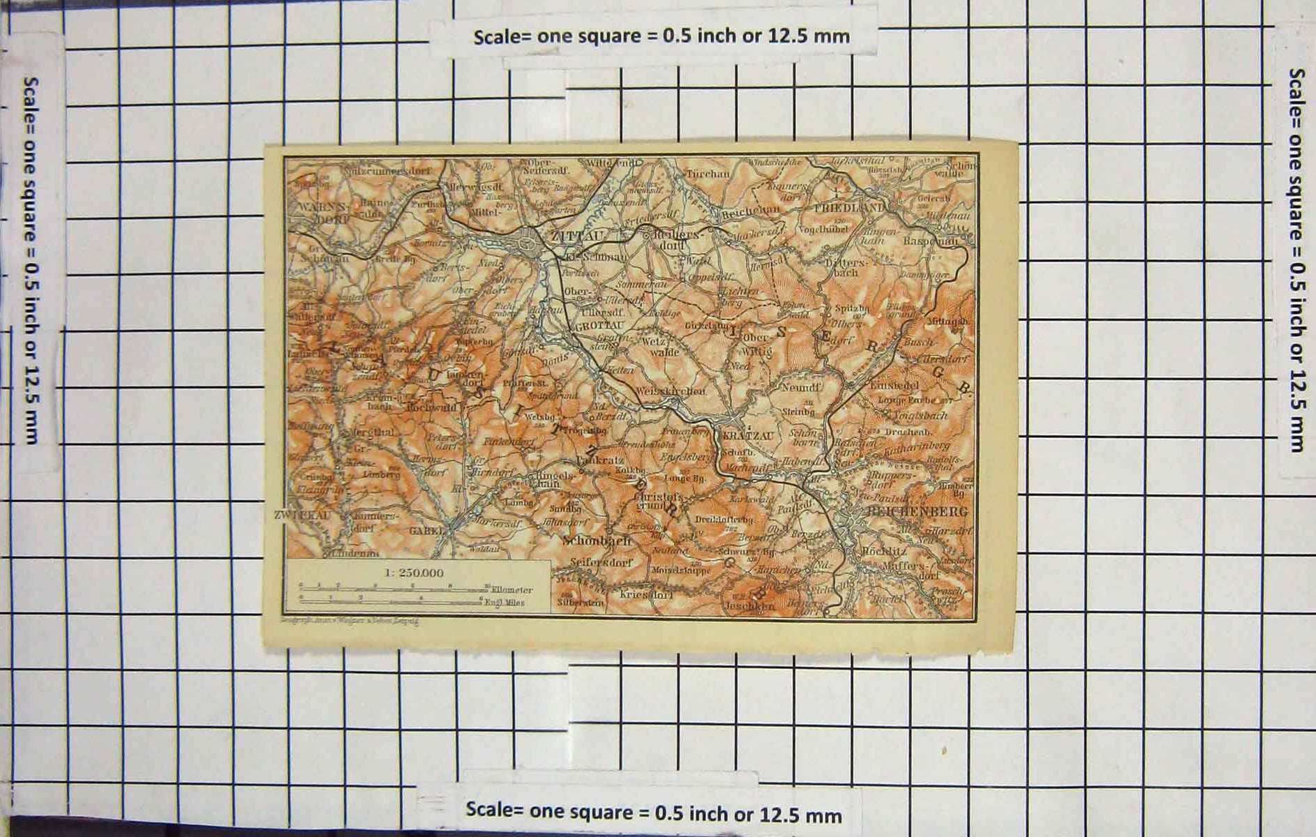 Original Old Antique Print Map Germany Zittau Reichenberg Friedland