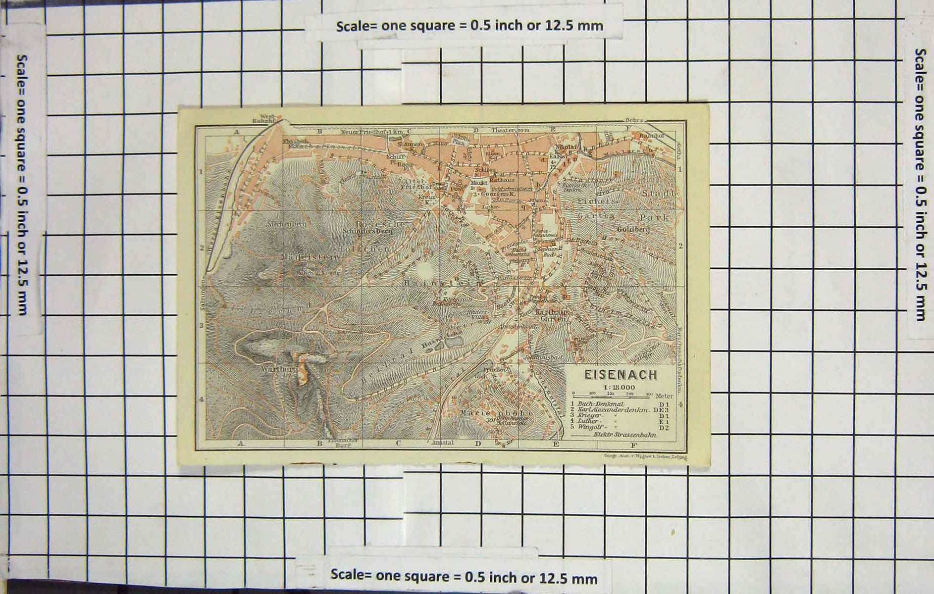 Original Old Antique Print Map Germany Street Plan Eisenbach Wartburg