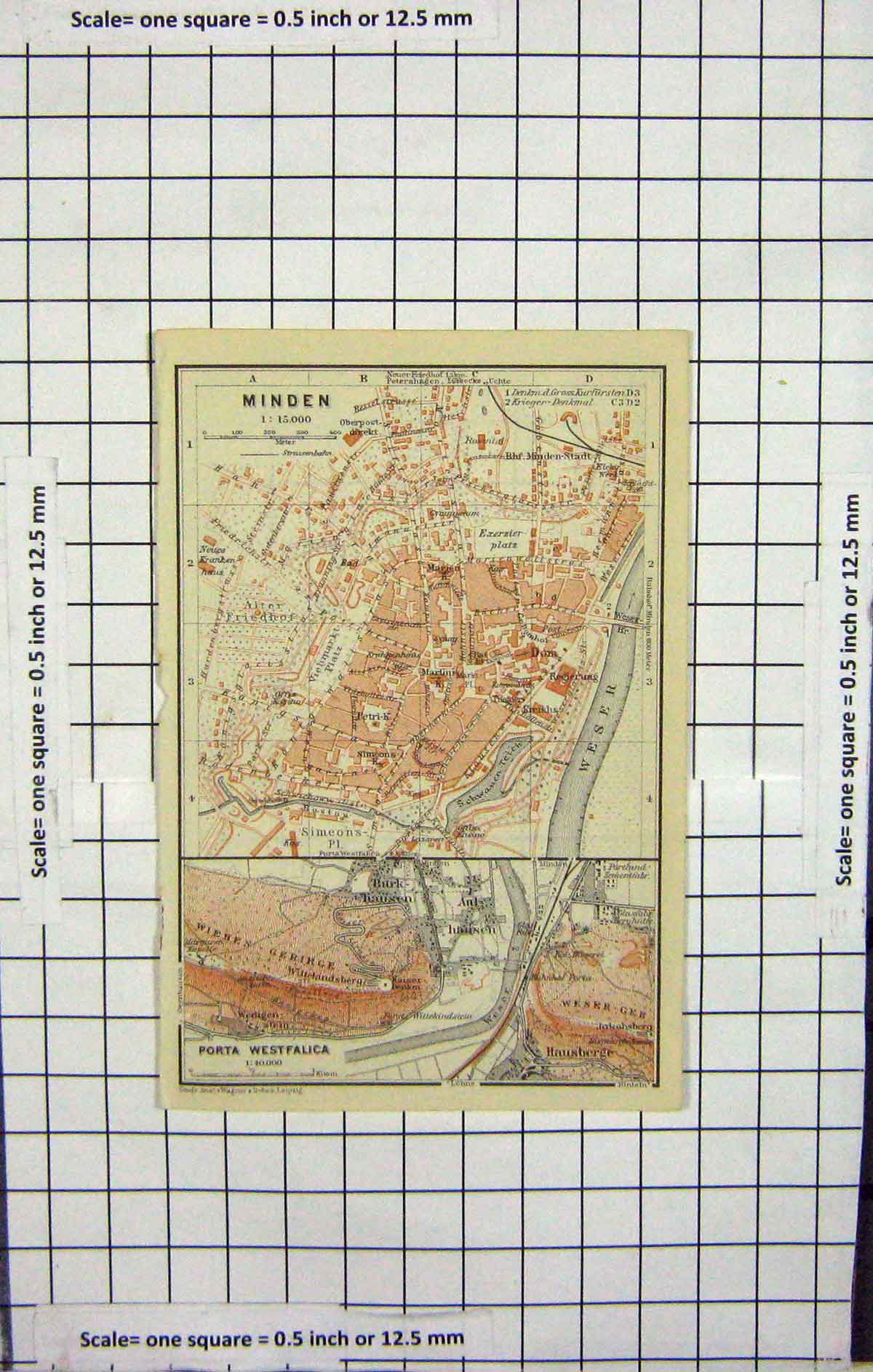 Original Old Antique Print Map Germany Street Plan Minden Porta Westfalica