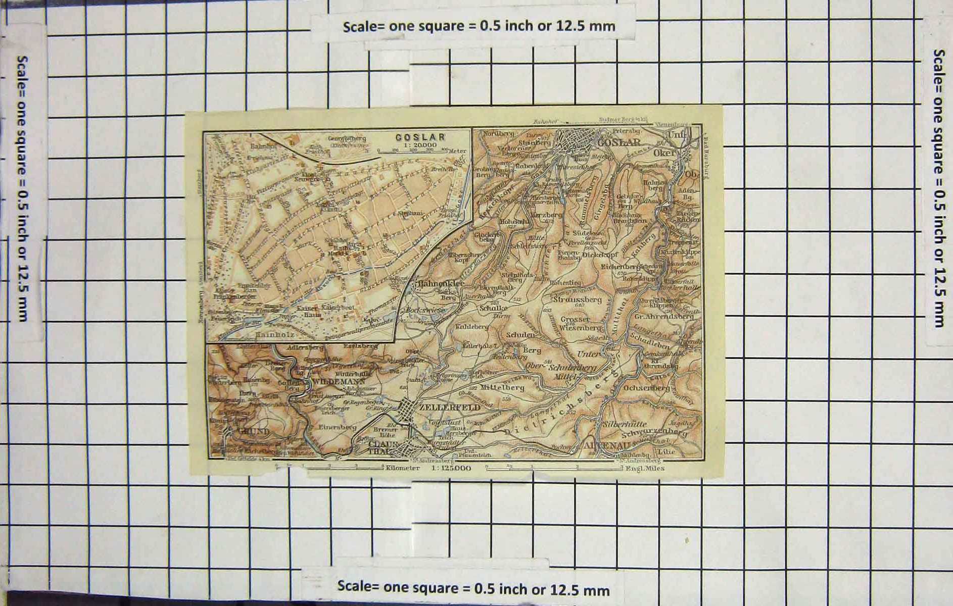 Original Old Antique Print Map Germany Street Plan Goslar Zellerfeld Grund