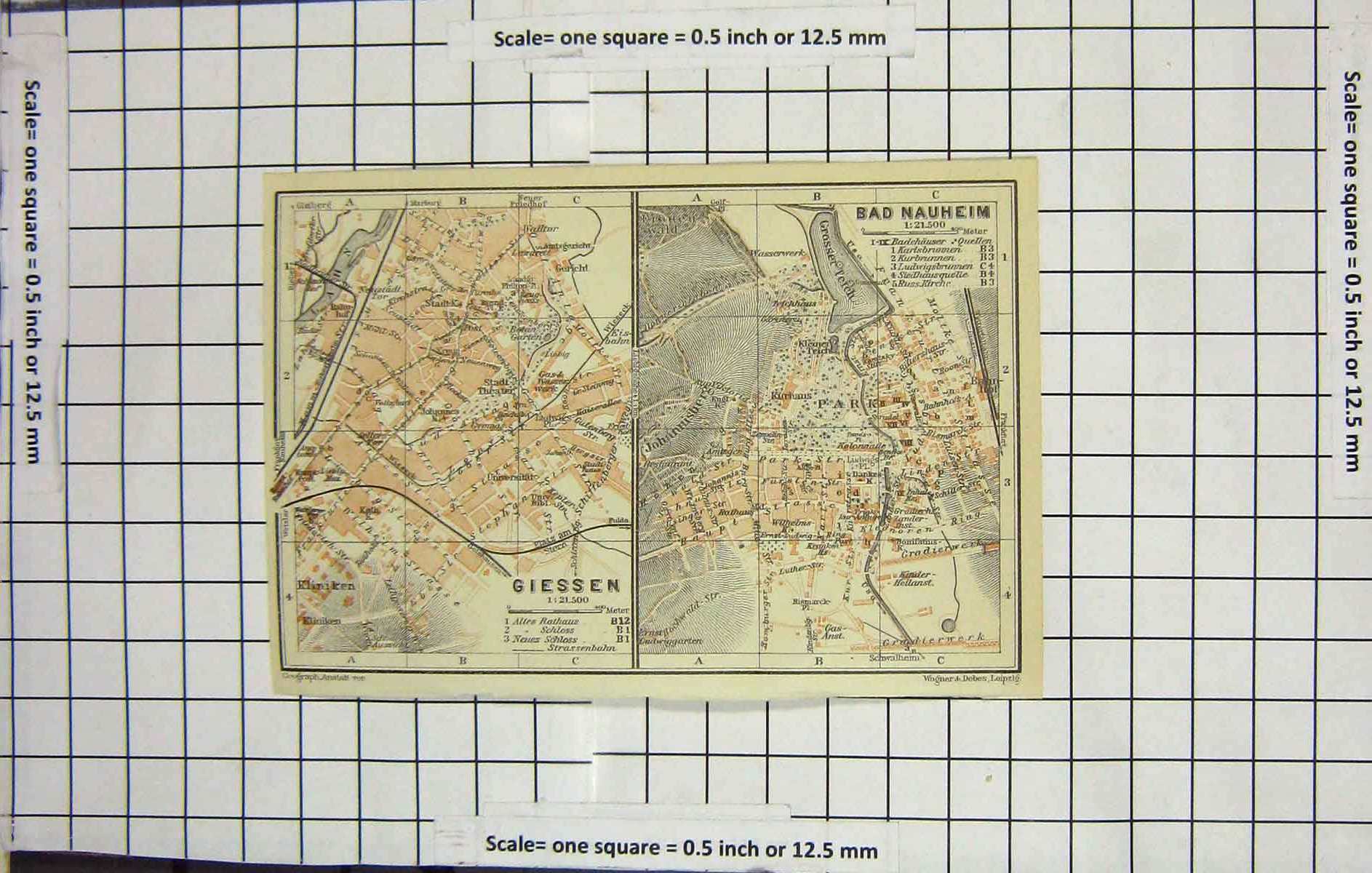Original Old Antique Print Map Germany Street Plan Giessen Bad Nauheim