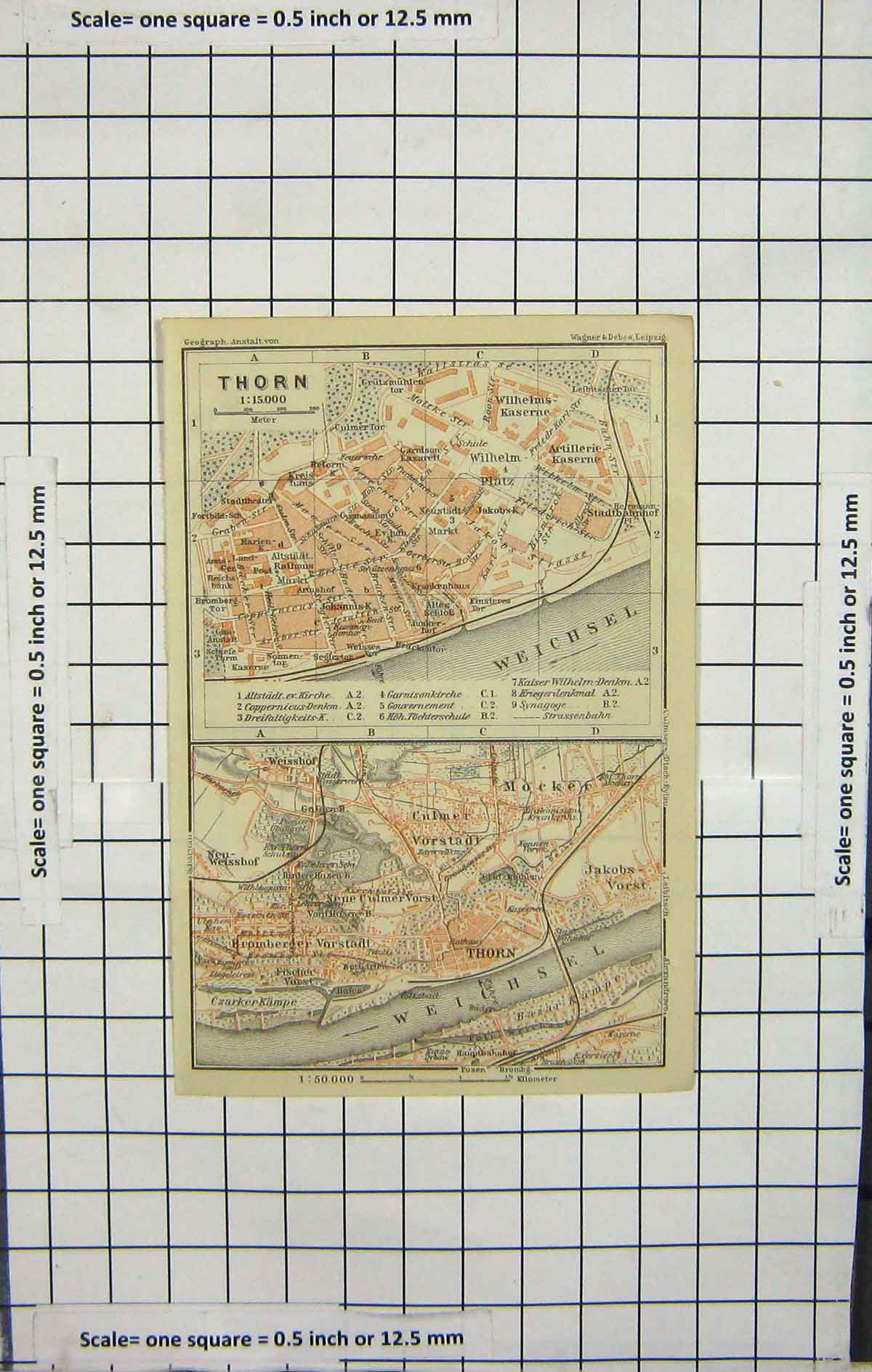 Original Old Antique Print Map Germany Street Plan Thorn Weichsel River