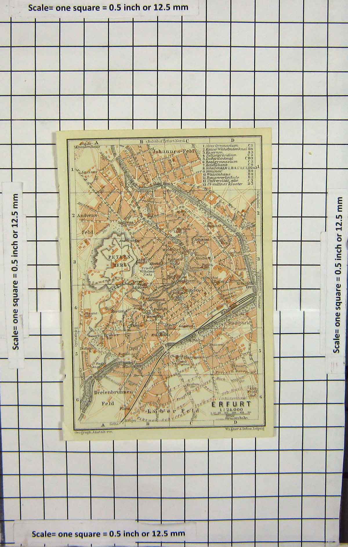Original Old Antique Print *119 Map Germany Street Plan Erfurt Petersberg