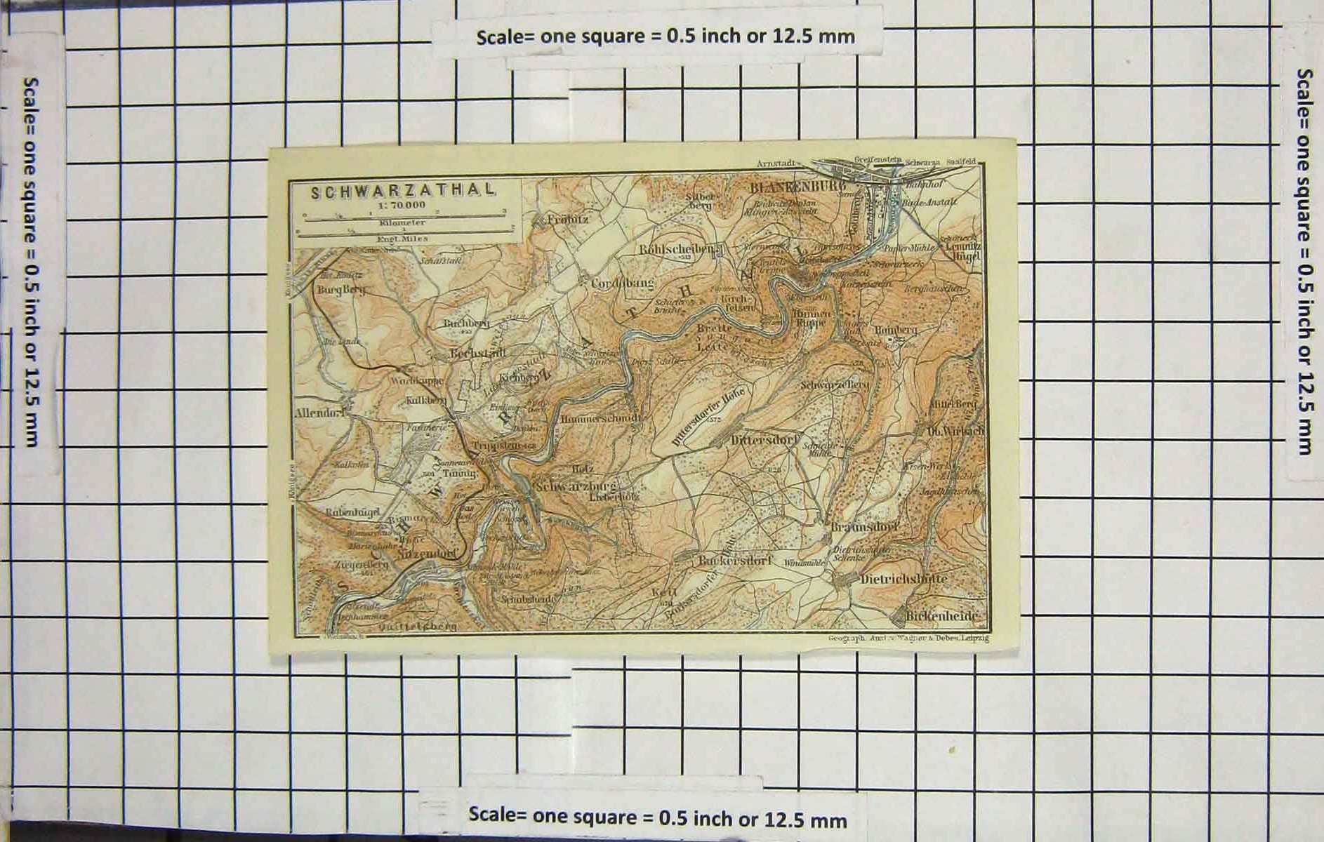 Original Old Antique Print Map Germany Schwarzathal Blankenburg Allendorf