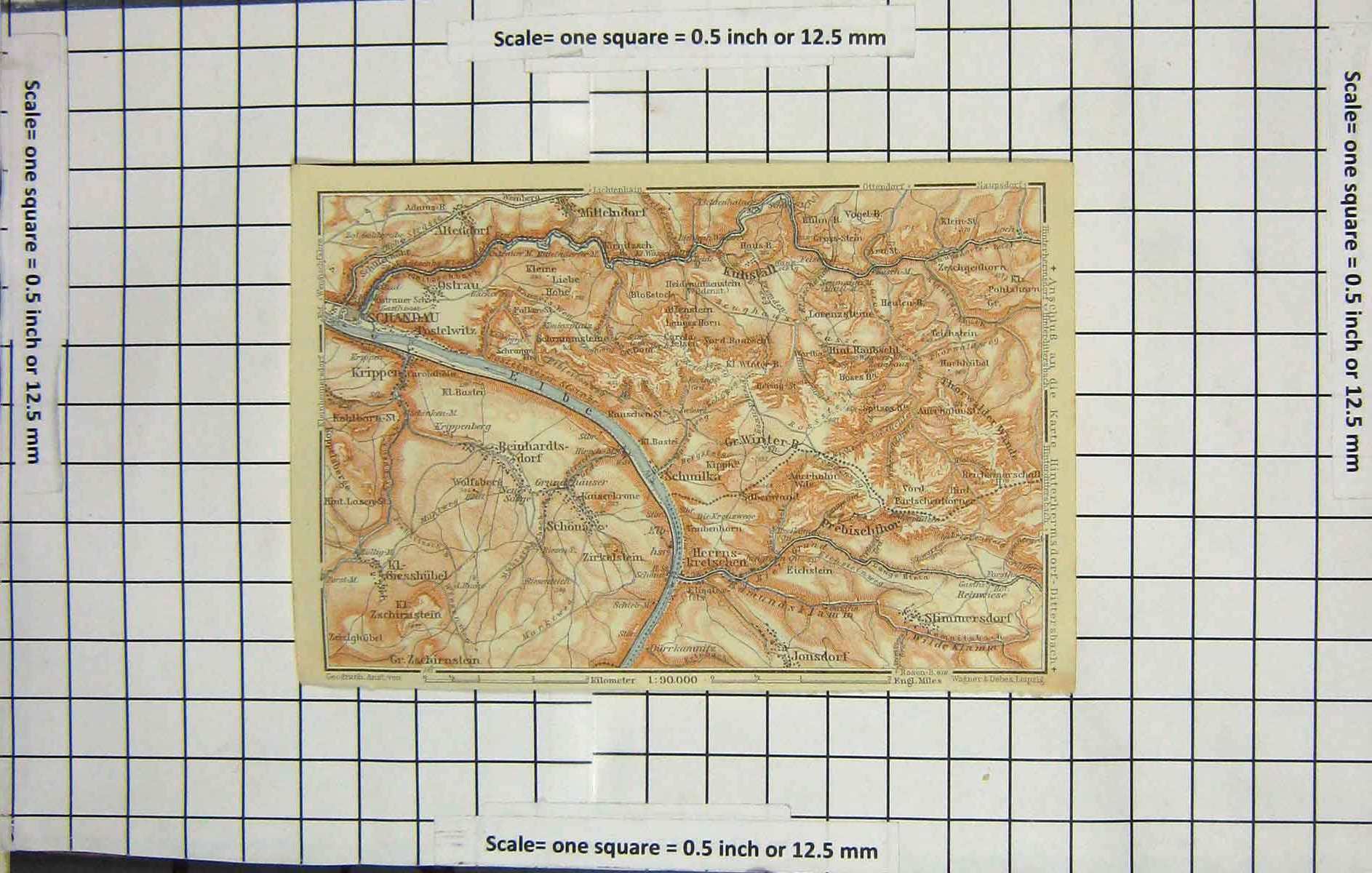 Original Old Antique Print Map Germany Schandau Elbe River Ghandau Schona