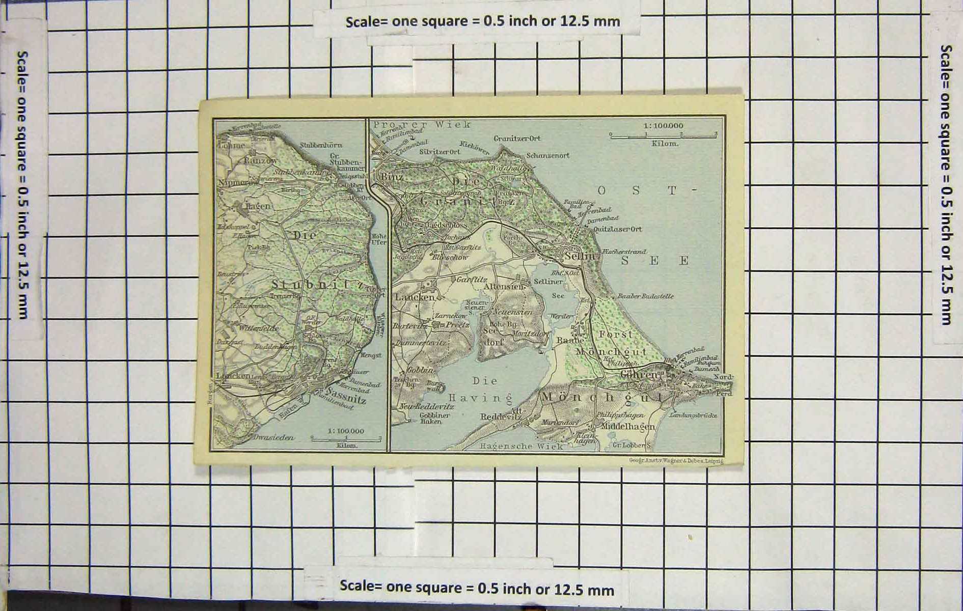 Original Old Antique Print Map Germany Binz Gohren Sassnitz Middelhagen