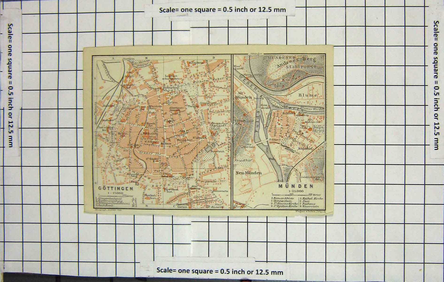 Original Old Antique Print Map Germany Street Plan Gottingen Munden Blume