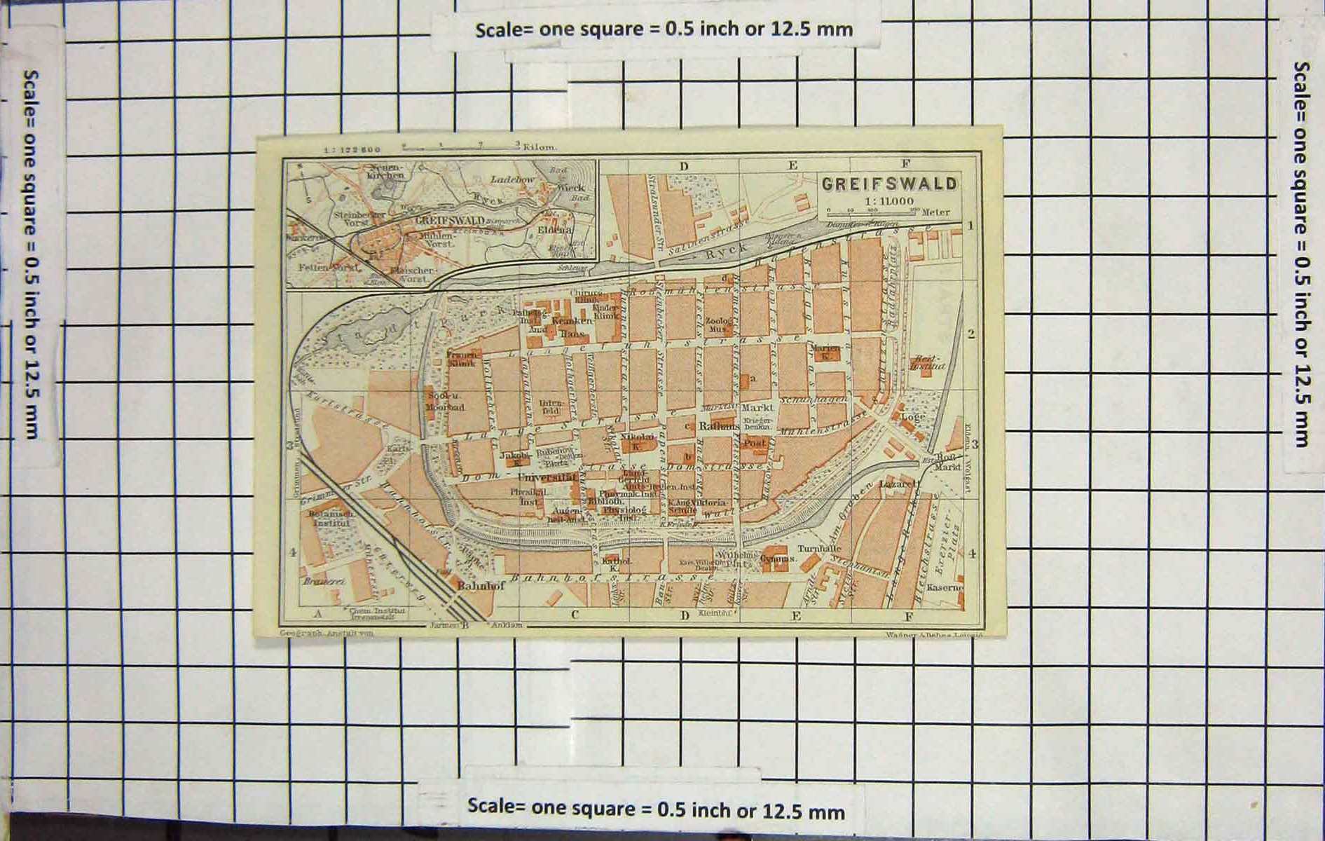 Original Old Antique Print Map Germany Street Plan Greifswald Ryck River